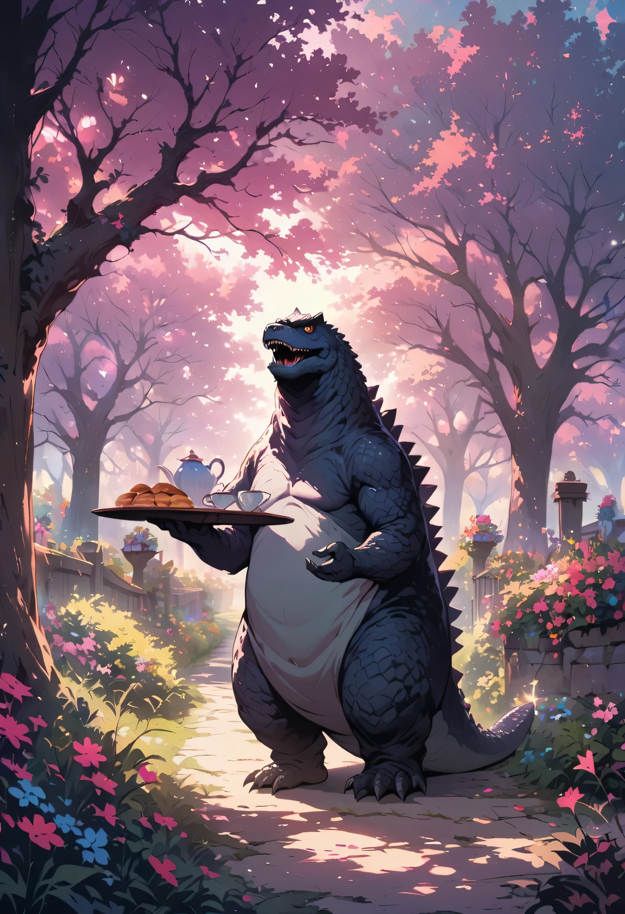 A cute Q version of Godzilla，illustration，Super detailed，High-rise and HDR，Cartoon-like appearance，Holding a tray with teacups and pastries，in a beautiful garden，It is surrounded by cherry blossom trees，vivid colors，muted pastel tones，Studio lighting