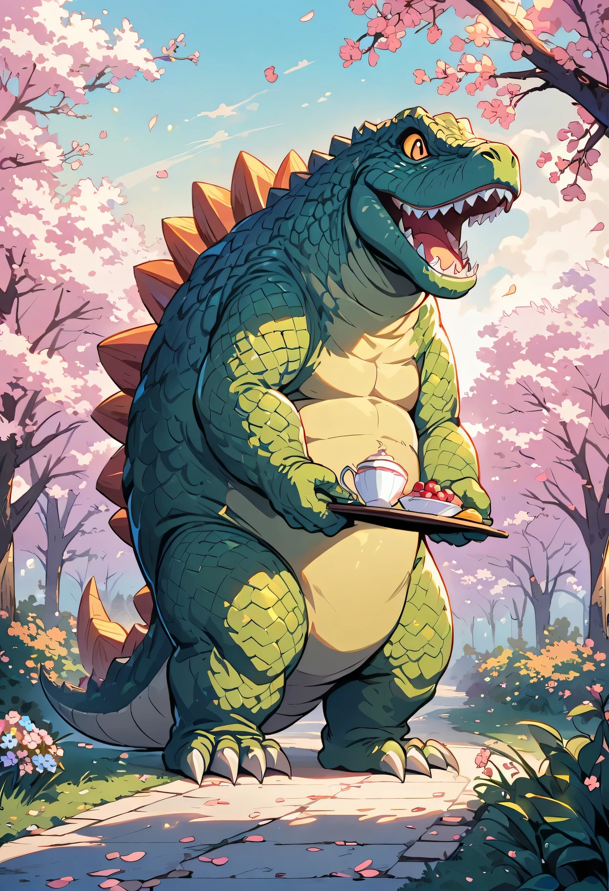 A cute Q version of Godzilla,illustration,Super detailed,High-rise and HDR,Cartoon-like appearance,Holding a tray with teacups and pastries,in a beautiful garden,It is surrounded by cherry blossom trees,vivid colors,muted pastel tones,Studio lighting