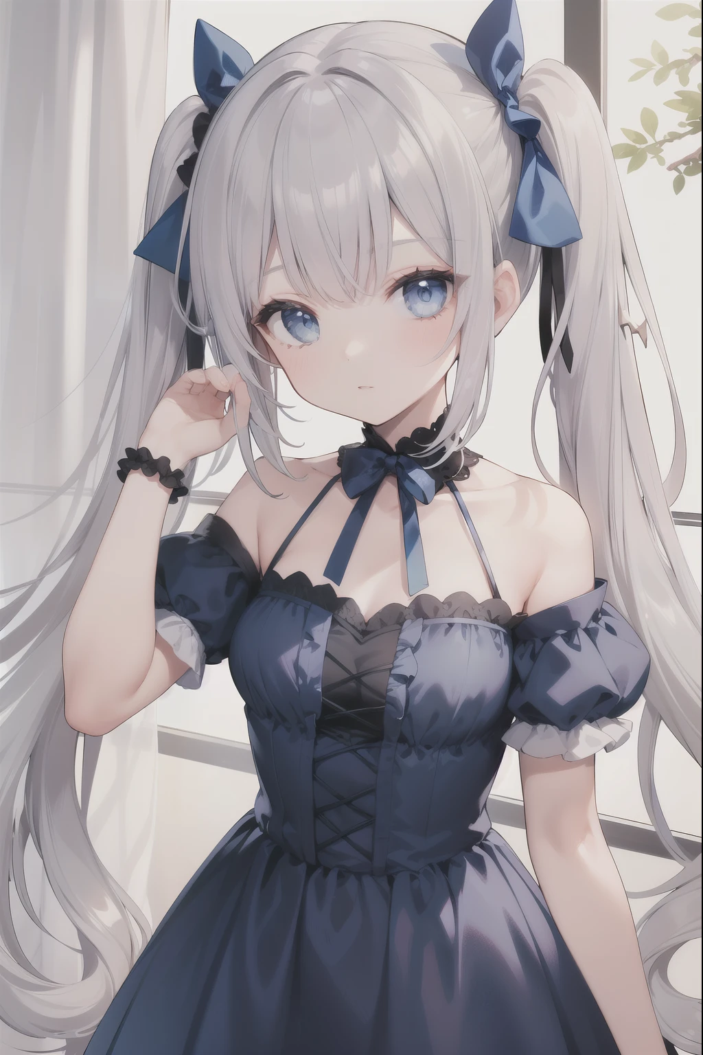 Gothic Lolita(((Blueish silver hair twin tails))) , 『(((Blue eyes))) , Off-shoulder dress
