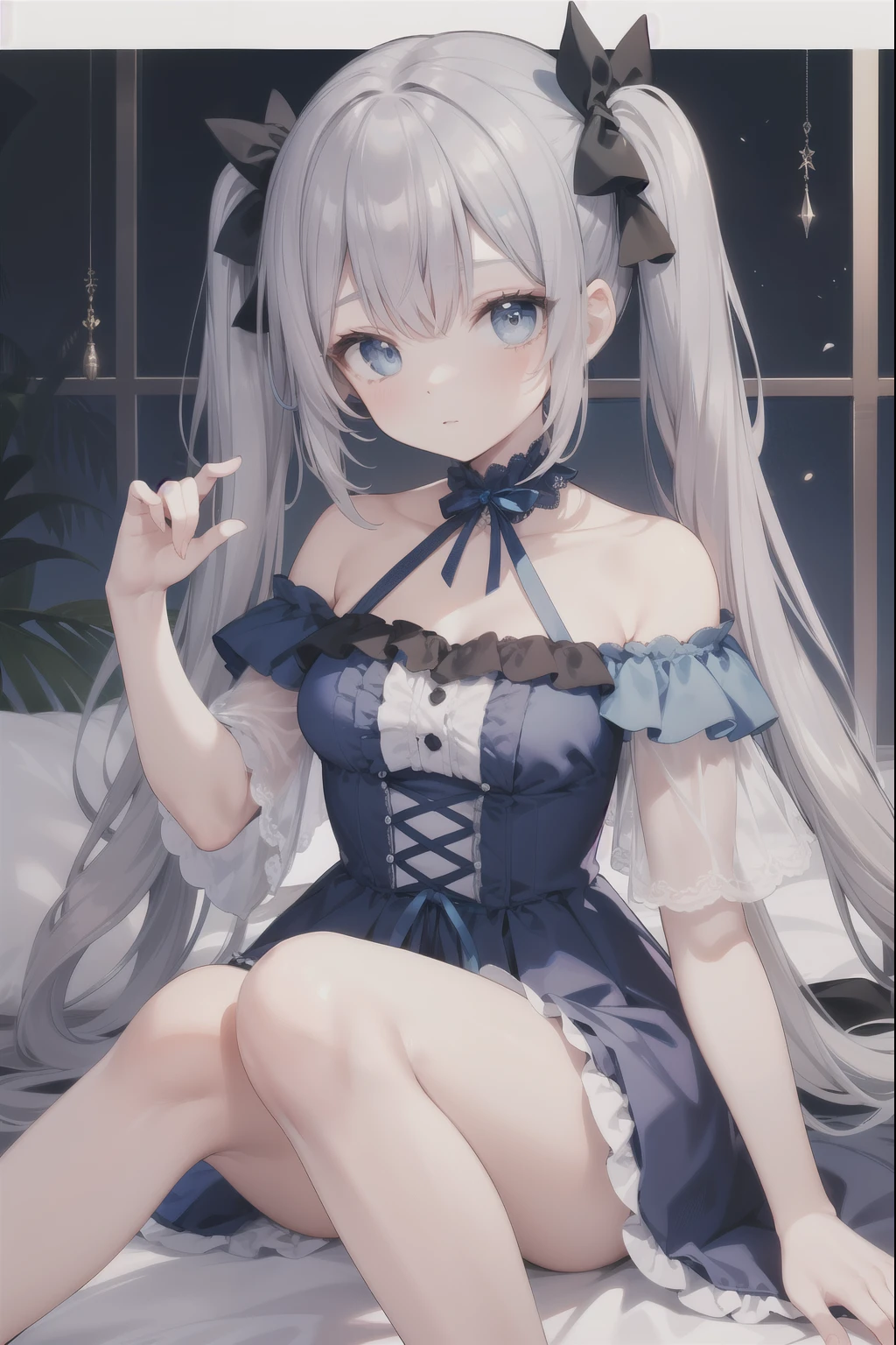 Gothic Lolita(((Blueish silver hair twin tails))) , 『(((Blue eyes))) , Off-shoulder dress