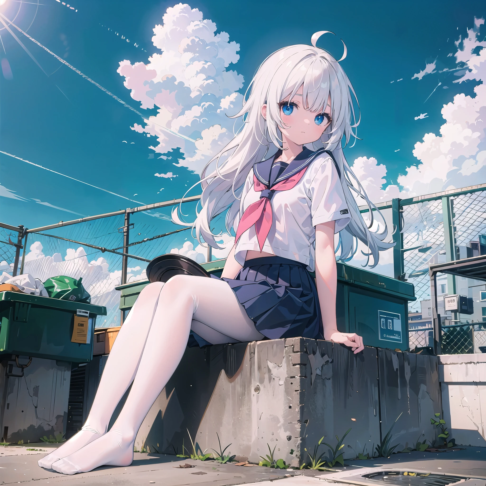 ((masterpiece, best quality)),a girl, solo, skirt, sky, sitting, pantyhose, serafuku, cloud,outdoors, neckerchief ,day, bangs, fence, shirt, ahoge, rooftop, long hair, white pantyhose,white hair, white school uniform, white sailor collar,blue eyes, sailor collar, white skirt, white serafuku blue sky,white shirt, looking at viewer, closed mouth,chain-link fence, white skirt, cloudy sky, trash can, pleated,no shoes