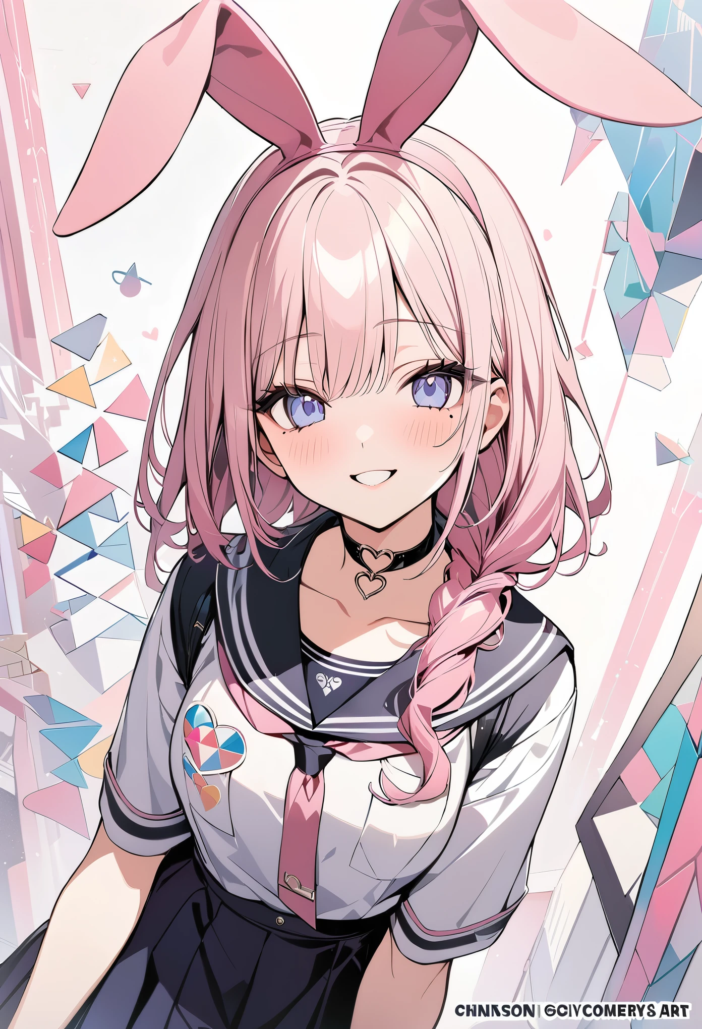 ,beautiful flower々),mole under eye, heart shaped choker, (masterpiece, highest quality), official art, beautiful and aesthetic: 1.2), (1 girl), very detailed, (geometry art: 1.3), colorful、pink bob hair、rabbit ears、 whole body、smile、university uniform