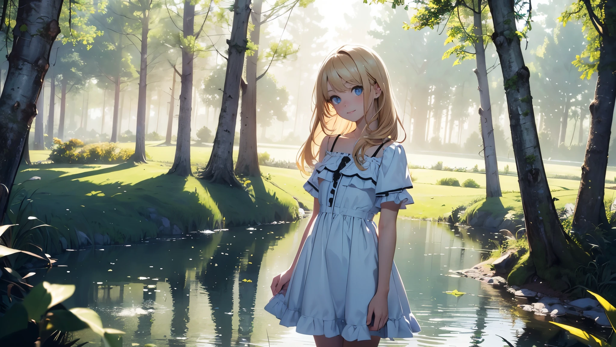 ((masterpiece,best quality,ultra detailed,ultra high res, artificial lake, forest in the distance)), soft realistic focus, Perfect Eyes, dynamic shadows, realistic image, vibrant colors,light leaks,dreamy atmosphere,chiaroscuro,BREAK 
experimental charm, The girl is depicted in full growth, girl 10 years old, thin and tall, you see the girl from head to toe, nostalgic appeal, country girlfriend, she take you with yourself, simple open short dress, soft mischievous smile, freckles, blonde hair, slightly leaning forward, flashback of memories, blonde, holding your hand

