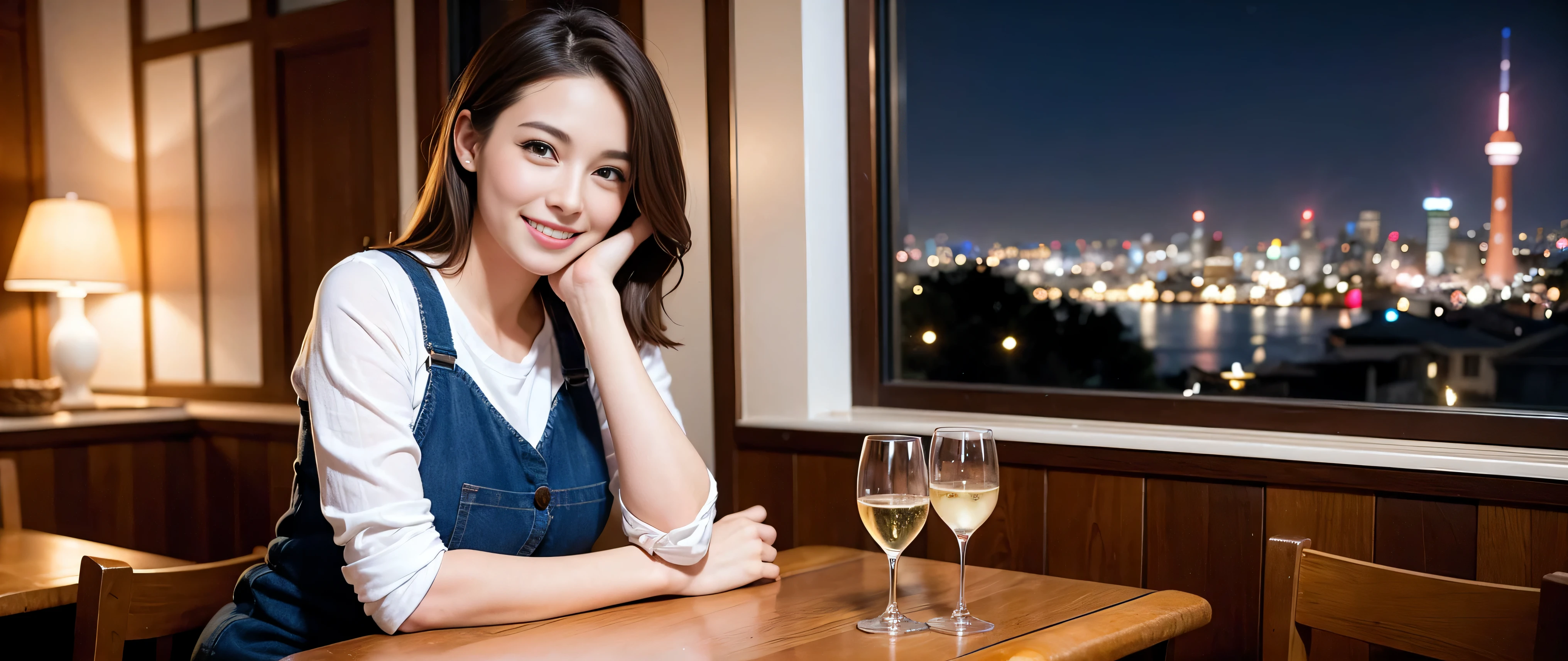 K, Hmm, highest quality, masterpiece: 1.2), (realistic, photorealistic: 1.37), Super detailed, 3 slim beauties, (slim face),Happy、 the best smile、Fox face、Berry Short、(because I'thin), (brown hair), (shortcut), long sleeve shirt、winter fashion、Colombian、Brazilian、Japanese、Dutch、German、Portuguese、Belgian、Italian、French,Champagne、sparKling wine、 (gush out), (slim body), (brown hair), (shortcut), neat beauty、cheeKs turn a little red, (35 years old), 38 years old, alone, A beautiful and detailed night view spreads out outside the window...., restaurant, wine glass is sitting, At night, in a prominent place (from the Upper body) nova frog style, actress, model, Upper body, White wine, slim, wine glass, Very beautiful night view, wine glass Put in the Middle, Happy smile, (smile: 1.15),
