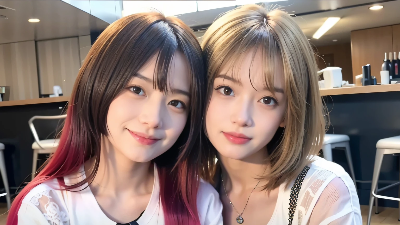 mix 4,(highest quality), (Photoreal),(New York cafe interior background:1.2), 1 female, Upper body, high detail face,, (The hair color is very bright on the inside.)、Fujifilm XT3、 (8K)、less bangs、(short hair:1.3)、(hair with the ends facing outward:1.6)、wet hair、smile、Delicate and realistic skin and hair、(cowboy shot:1.5)、Patterned lace clothes Cesium bob hair:1.1)、(Overlapping blonde hair color:1.5)、less hair、Adult-like appearance、looking here、(Shoulder-covering clothing:1.5)、Splash in the cafe、spring clothes、(smile:1.3)、(髪のThe hair color is very bright on the inside.:2)、different hair colors、(Hair color that mixes various colors:1.8)、Unicorn Color、Rainbow Corner Color、Hair that has been bleached many times、(hair color close to white:1.5)、1 person、dramatic、flowing side hair、Layered Hair Color、model pose、Partially black hair、beautiful body line