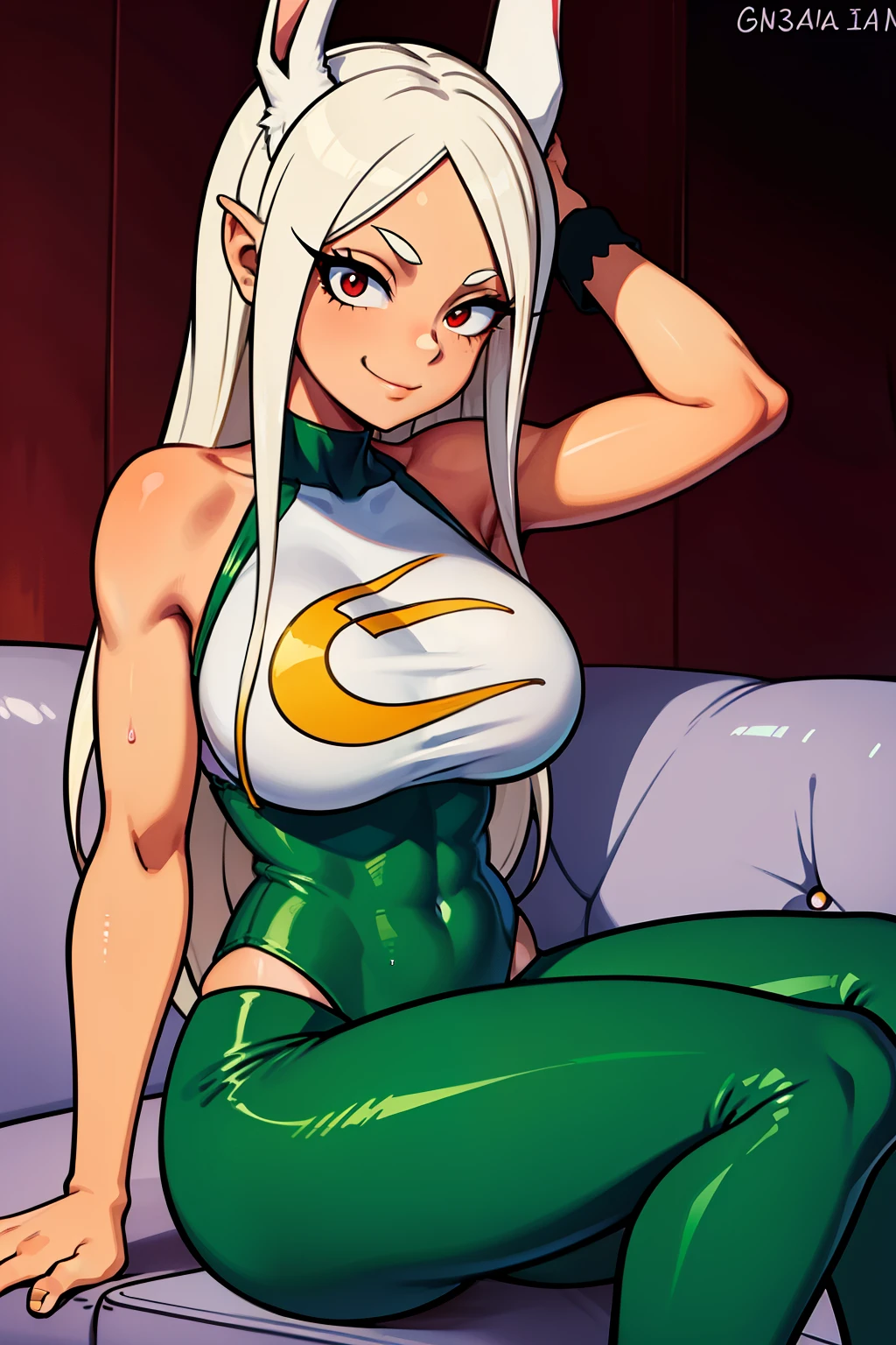 Cute girls,ojos rojos redondos, cabello blanco、orejas de conejo,sexy、sonriendo,Peinado liso medio a largo、(Bigboobs,lleva un sujetador verde,lleva unos leggins verdes,En una casa de alquiler,sitting on the couch,Noche,estaba lloviendo afuera,Upper body is wet.,cuerpo entero,lleva unos leggins verdes,green leggins