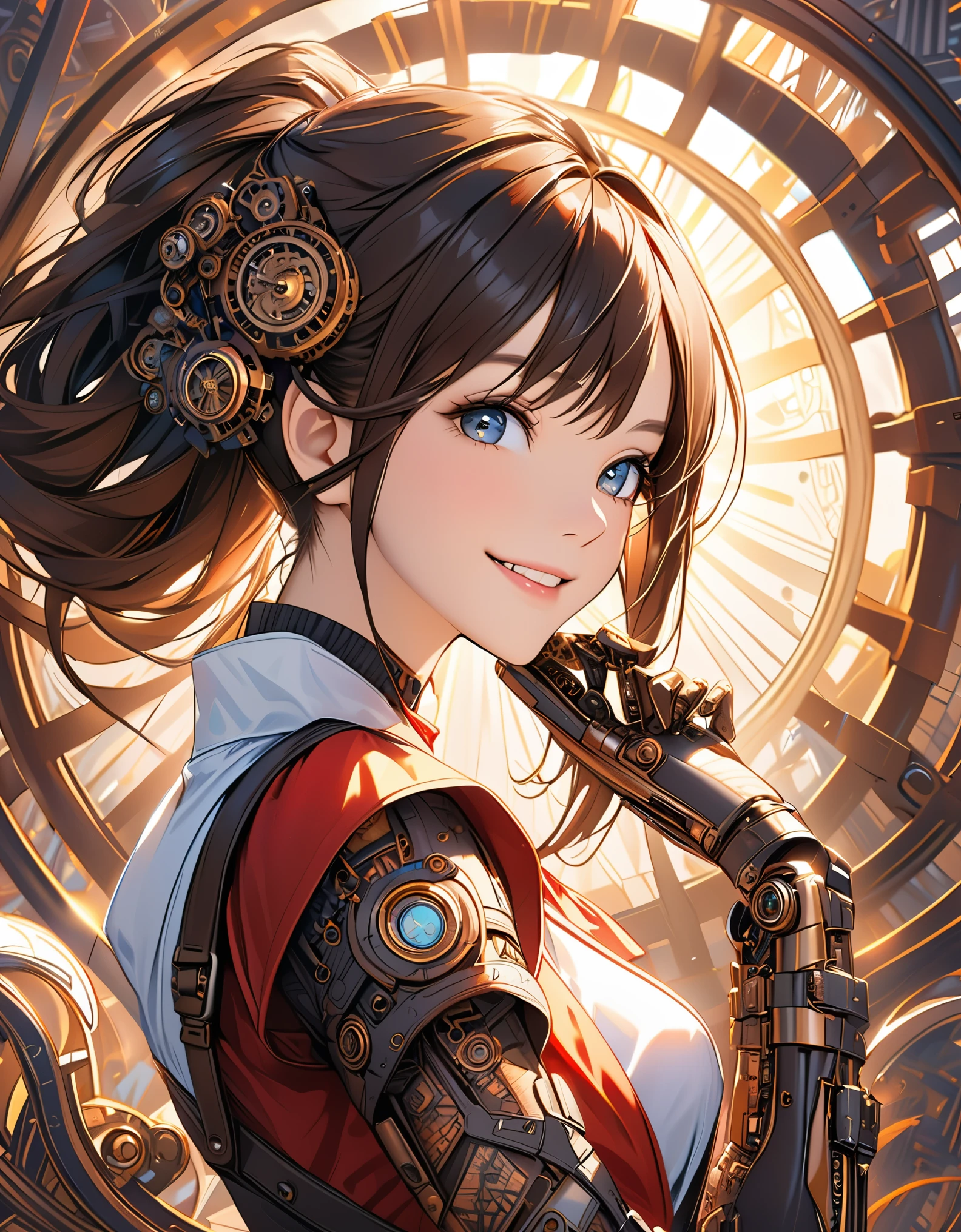Smiling 1girl with steampunk fashionable bionic arm, Shoot in ultra-high resolution,Features realistic and beautiful lighting. This masterpiece is of the best quality,with zentangle abstract background as background (weighted to 1.4).