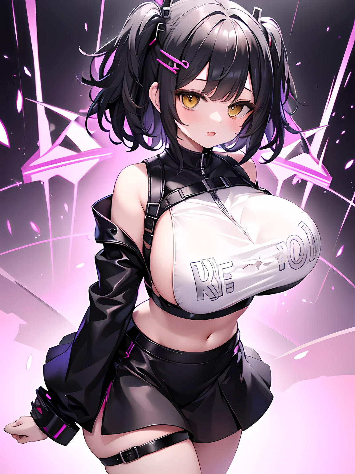 master piece,best quality,(super detail),Depth of the bounds written,perfect writing, Highly detailed CG,Super detailed,(highly detailed eyes,very cute face,highly detailed face:1.3),beautiful anime girl,(solo girl),(super huge breasts:1.9),(black hair,short hair,2 side up:1.7),(big yellow eyes:1.5),(low length),jitome,(smile full of joy),open your mouth,break,(Cyberpunk Costumes,black cyberpunk leather jacket,white crop top,cyberpunk hair clip),near future,white leather micro mini skirt,Chest harness with complex shape,break,(digital background,Digital Effects,floating in the airデジタルテクスチャー),inorganic dark room,neon light,dynamic pose,floating in the air,jumping,spread both hands,cowboy shot