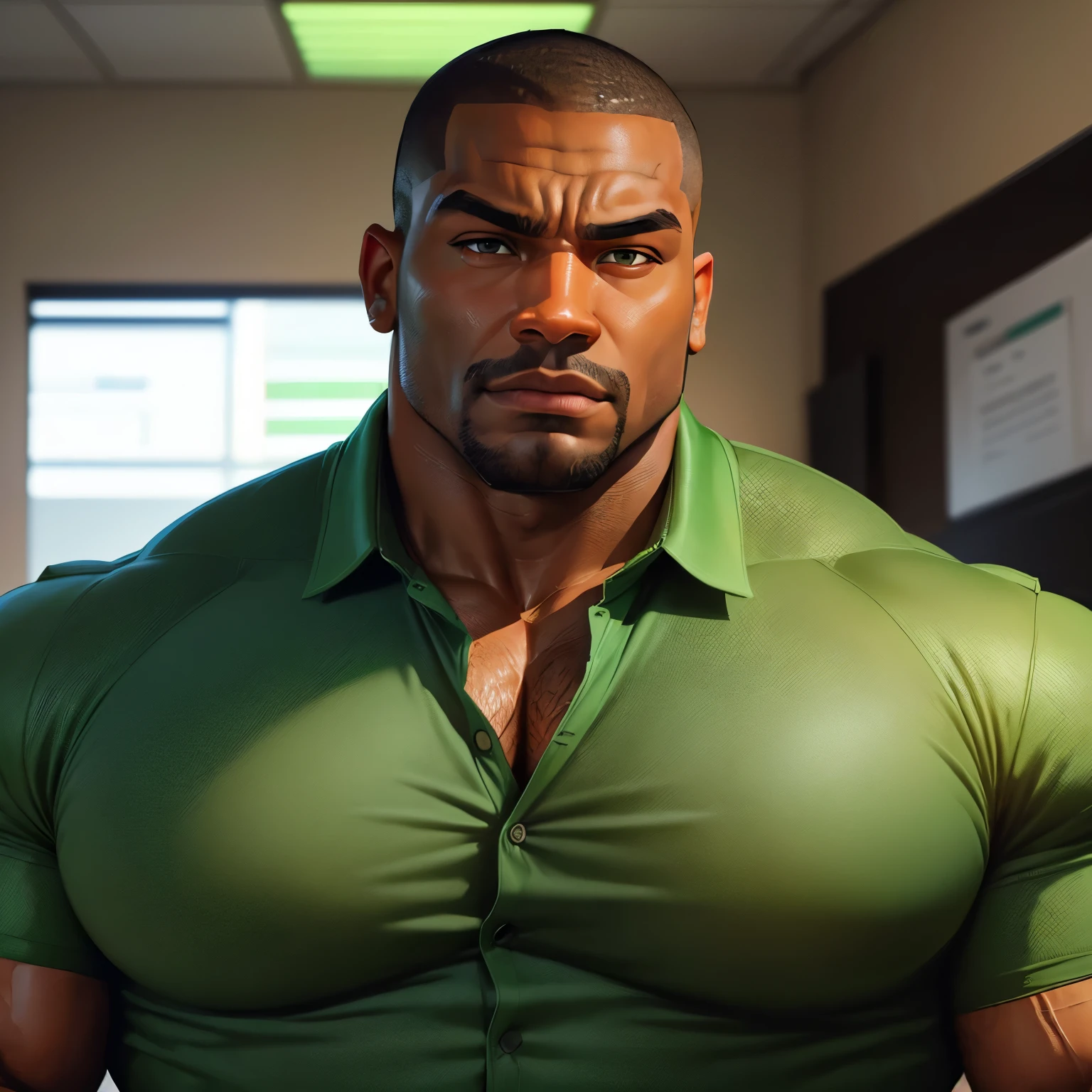 an exaggeratedly muscular and large bodyguard, beefy build, dark-skinned african american male, buzzcut hair with square line, (wearing green casual business shirt: 1.2), name tag, (bara pecs: 1.3), (arm and chest hair: 1.1), close-up portrait HD, bright corporate office