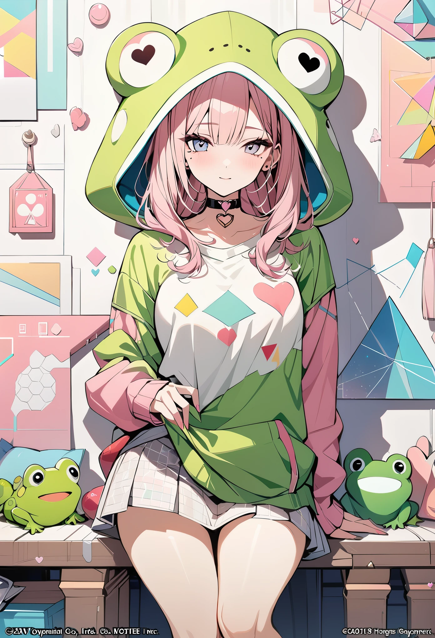 ,beautiful flower々）,mole under eye, heart shaped choker, (masterpiece, highest quality), official art, beautiful and aesthetic: 1.2), (1 girl), very detailed, (geometry art: 1.3), colorful、pink bob hair、frog hood shirt、mini skirt