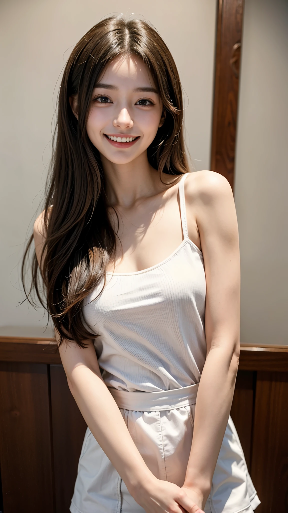 高いest quality, masterpiece, ultra 高い resolution, (realistic:1.4), 20-year-old,1 girl,Super 高い quality,8K,thinウエスト,thin脚,thin and beautiful arms,beautiful fingers,sale eye makeup,thin,Medium chest,soft chest,mini skirt,long hair,thinジャケット,realistic,picture media chest)),((toothy smile)),((big smile))