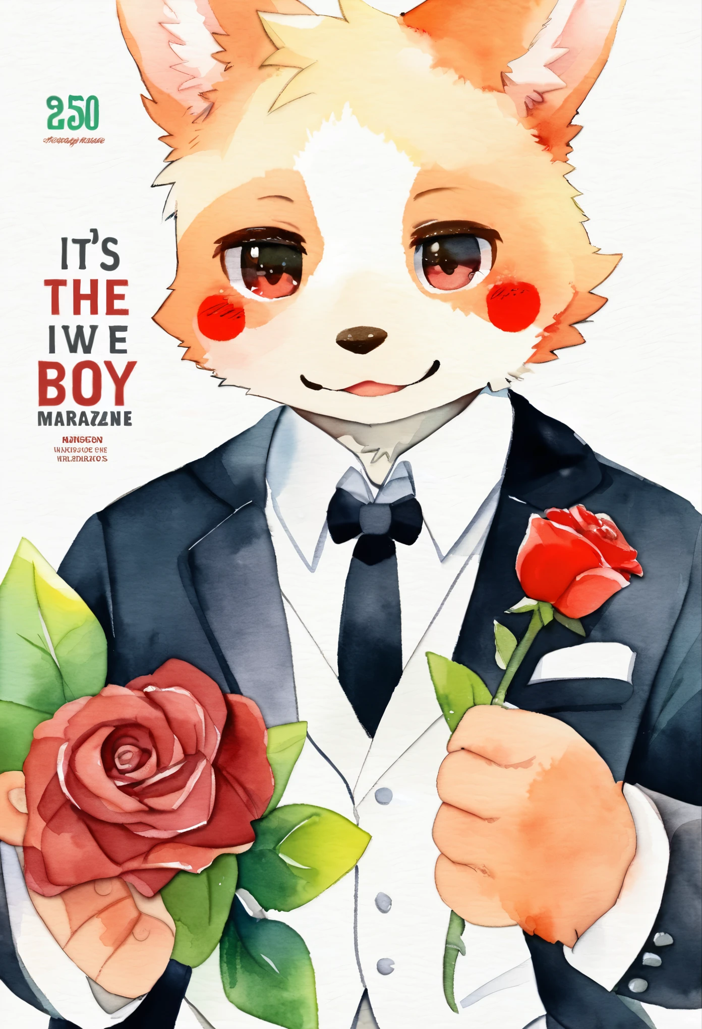 cover page, marriage information magazine, Watercolor elements, 1boy, kemono, furry, detailed body fur, animal face, animal hand, Handsome boy in tuxedo holding a red rose and looking at viewer,