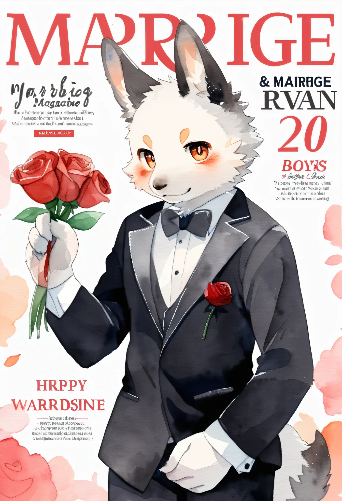 cover page, marriage information magazine, Watercolor elements, 1boy, kemono, furry, detailed body fur, animal face, animal hand, Handsome boy in tuxedo holding a red rose and looking at viewer,