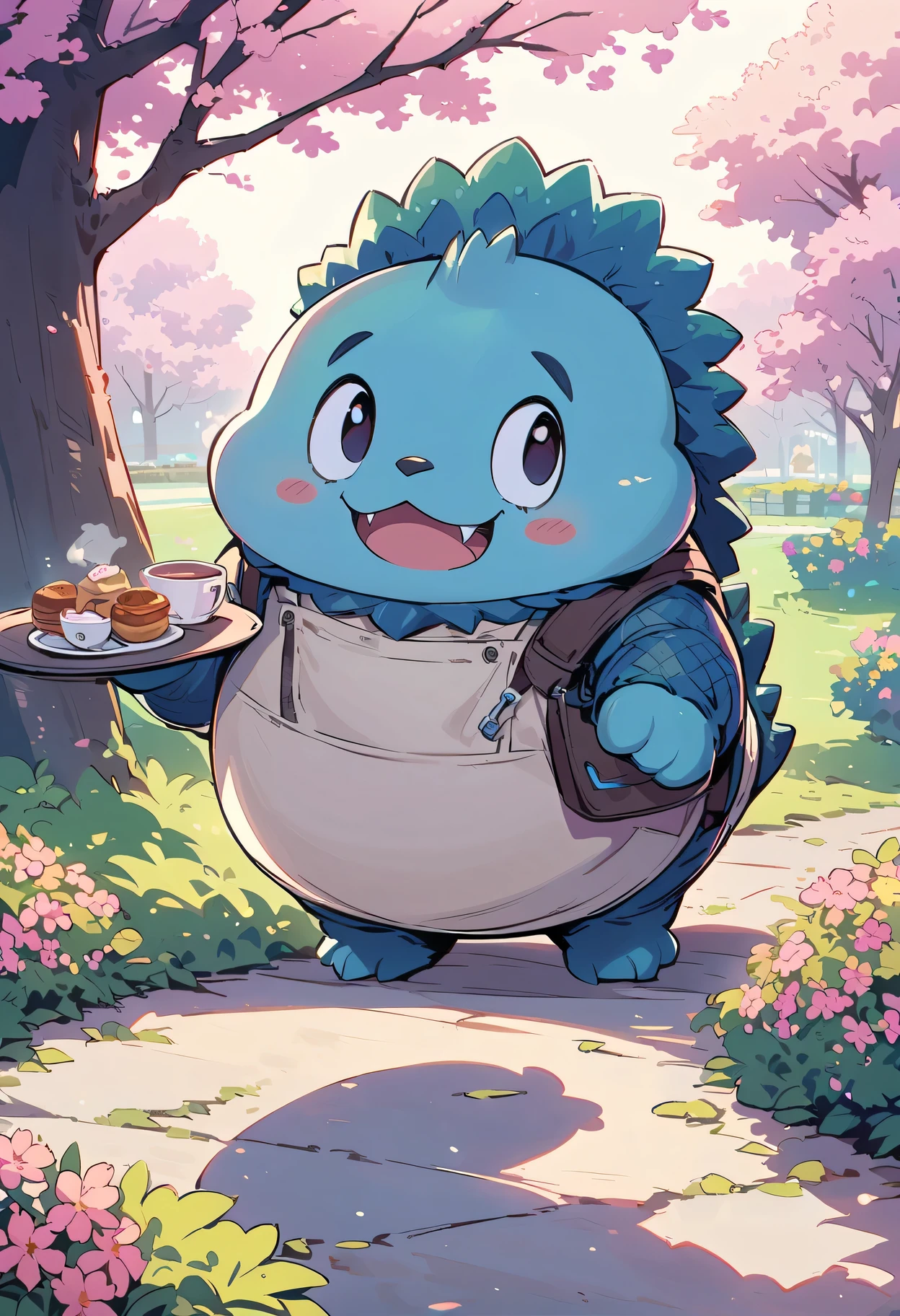 A cute Q version of Godzilla，illustration，Super detailed，High-rise and HDR，Cartoon-like appearance，Holding a tray with teacups and pastries，in a beautiful garden，It is surrounded by cherry blossom trees，vivid colors，muted pastel tones，Studio lighting