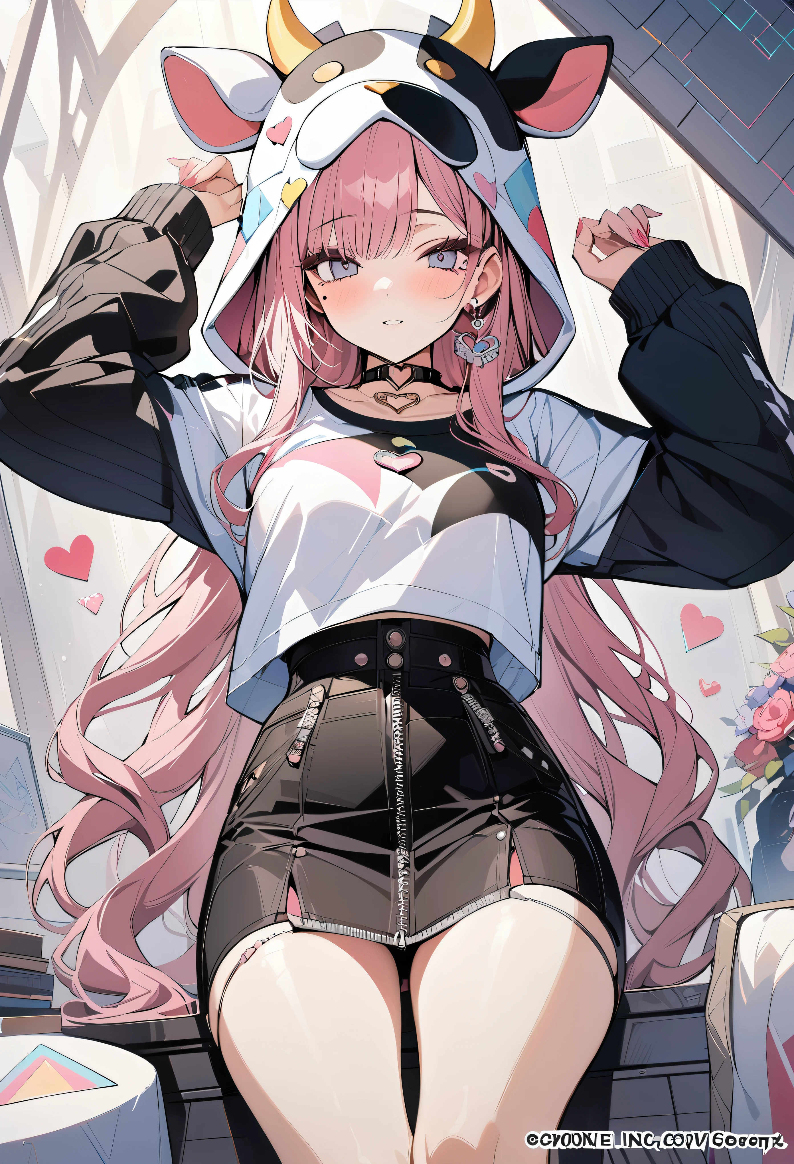 fullbody, 1 girl, floating sitting pose, ((pink halo,)) purple hair, ((messy Hair)), (((Unkempt hair))), ((big sized twin tails)), ((blunt bangs)), big black hair bow, big smile, white goth tight sweater with boob window, black harness on chest, chest harness, belt on chest, long black nails, fashion (((pink skirt))), the skirt is light pink, mismatched thigh high stockings, cute purple wings on her back, with bandaids, adhesive bandages, cleavage_cutout, mismatched_legwear, asymmetrical_legwear, menhera
