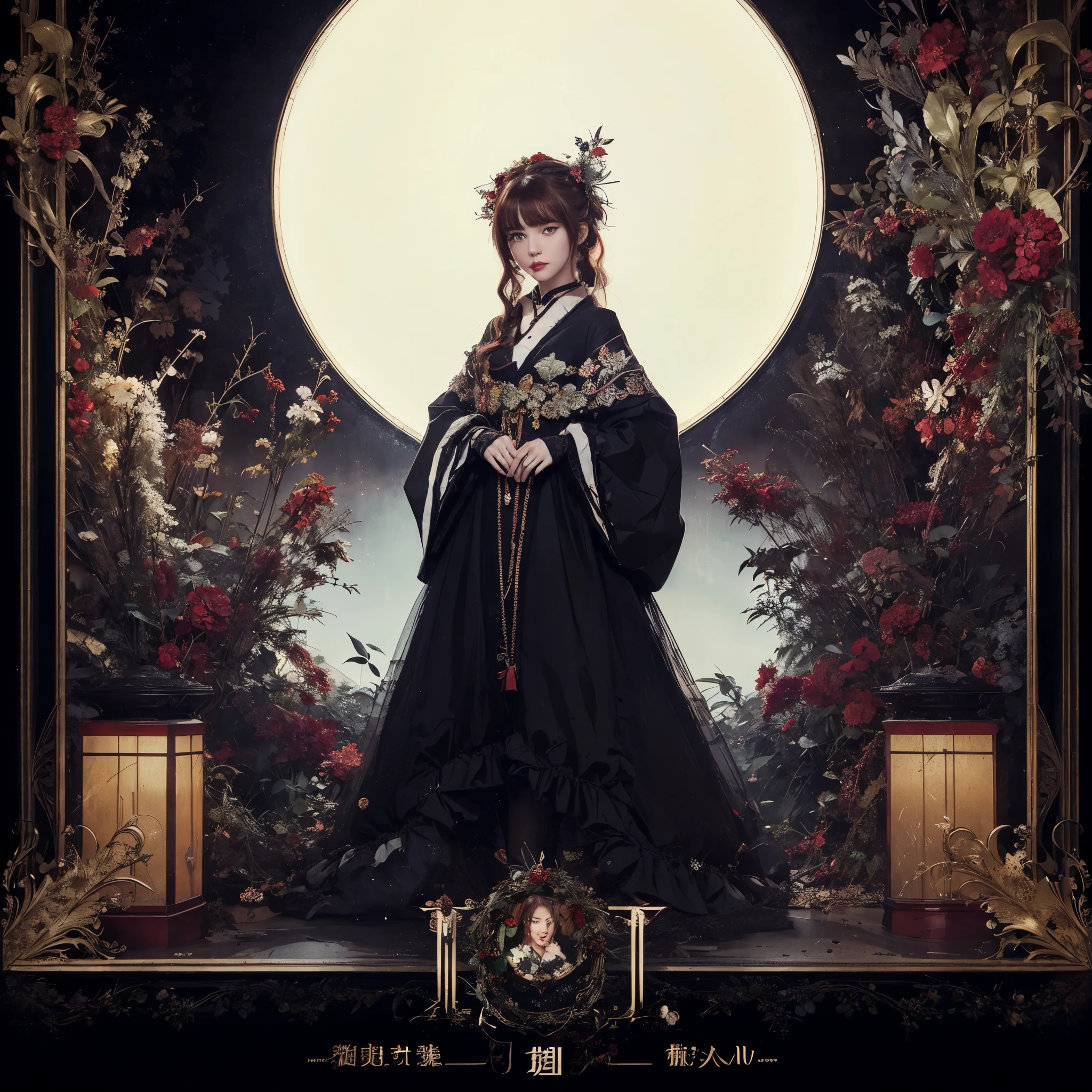 (masterpiece:1.2),ultra-high resolution:1.2), detailed illustration, 8K, Anime, 1 girl, beautiful Anime girl, in a red dress, wreath, beautiful face, detailed face, beautiful eyes, detailed eyes, dark red eyes, bright red lips, red lipstick, beautiful stylish hair, hair highlights, bangs Anime style, high-quality