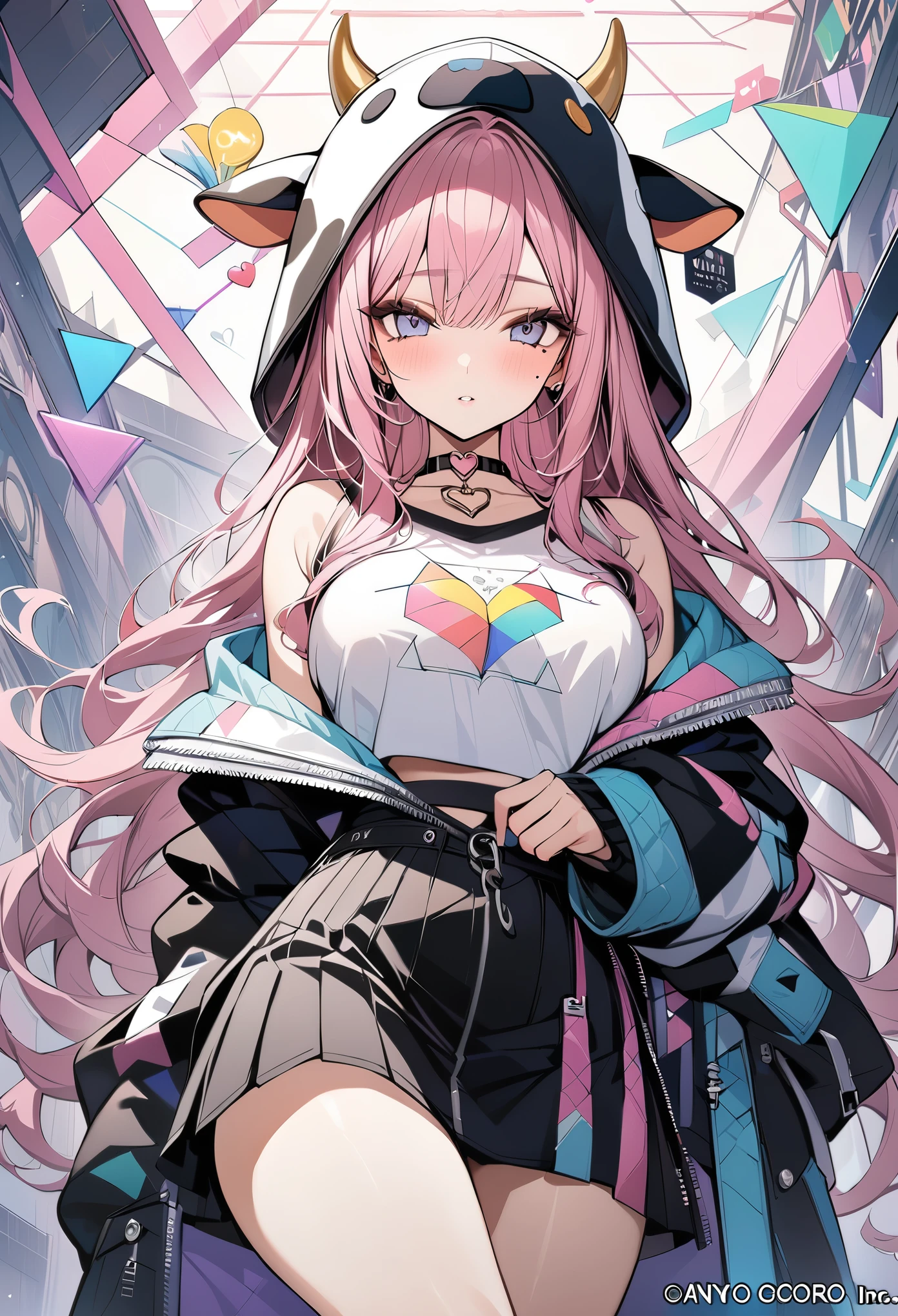 ,beautiful flower々）,mole under eye, heart shaped choker, (masterpiece, highest quality), official art, beautiful and aesthetic: 1.2), (1 girl), very detailed, (geometry art: 1.3), colorful、pink bob hair、cow hood cap shirt、mini skirt