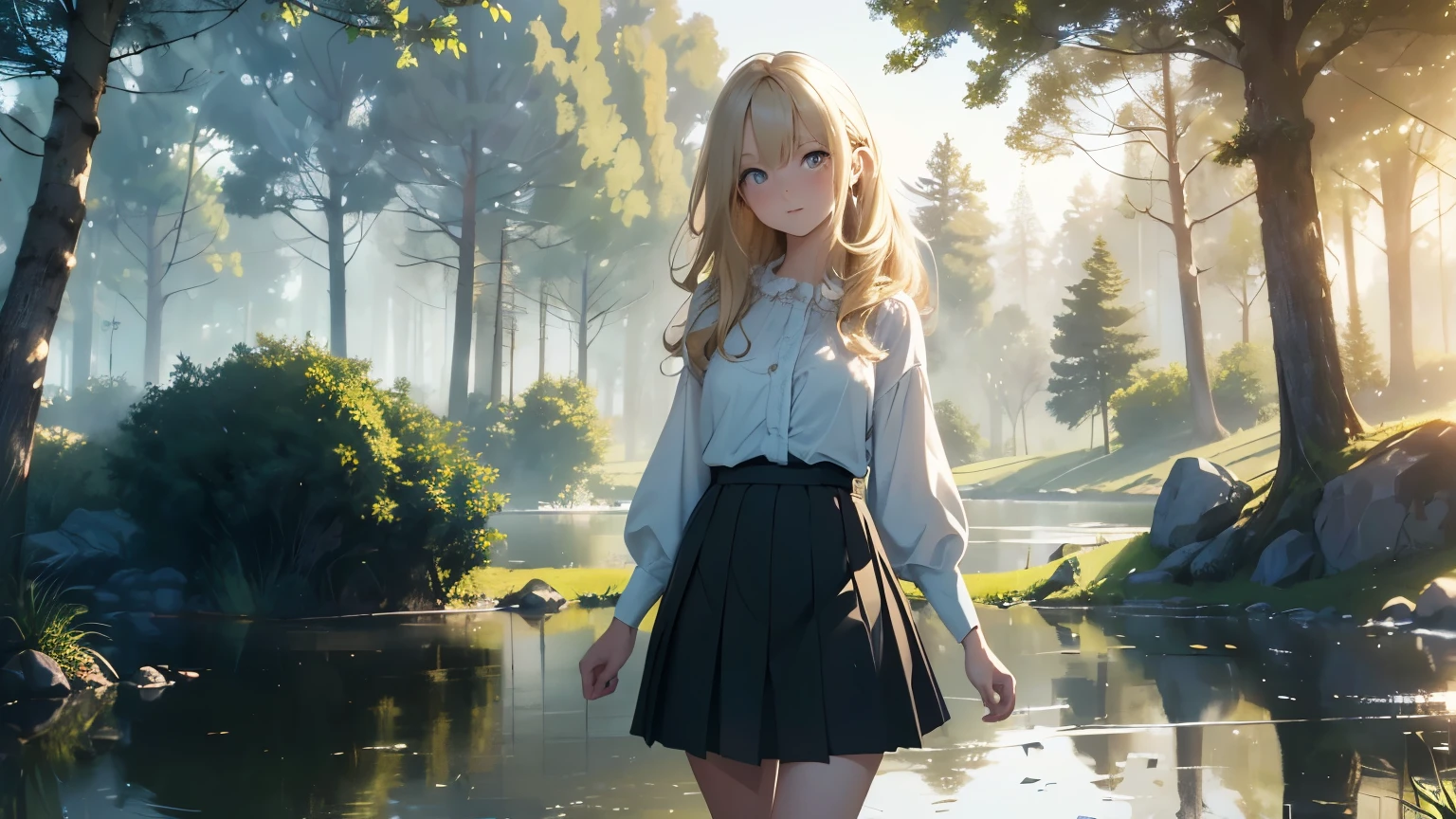 ((masterpiece,best quality,ultra detailed,ultra high res, artificial lake, forest in the distance)), soft realistic focus, Perfect Eyes, dynamic shadows, realistic image, vibrant colors,light leaks,dreamy atmosphere,chiaroscuro,BREAK
experimental charm, The girl is depicted in full growth, girl 10 years old, thin and tall, you see the girl from head to toe, nostalgic appeal, country girlfriend, she take you with yourself, dark skirt and light blouse, soft mischievous smile, freckles, blonde hair, slightly leaning forward, flashback of memories, blonde, holding your hand