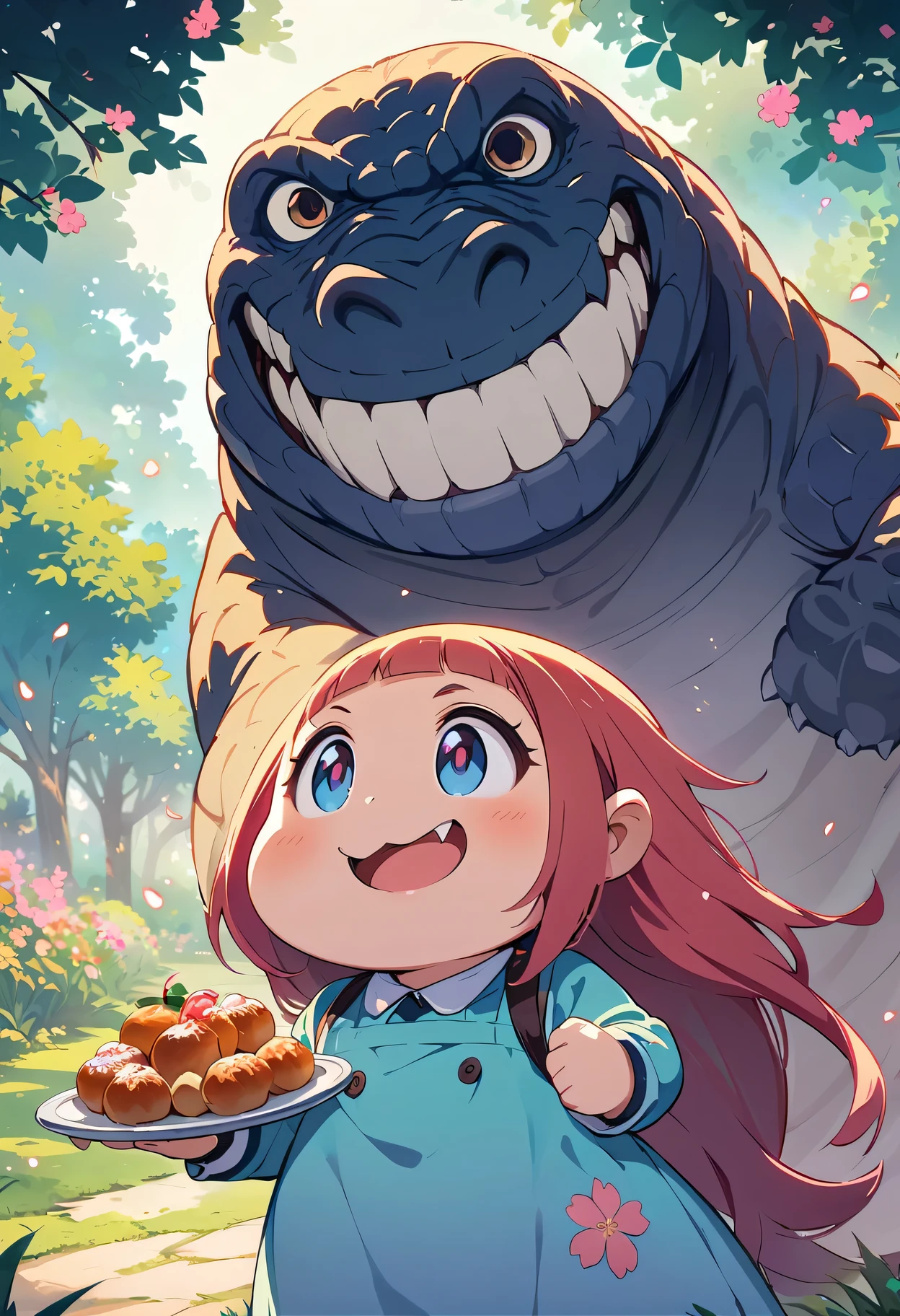 A cute Q version of Godzilla，illustration，Super detailed，High-rise and HDR，Cartoon-like appearance，Holding a tray with teacups and pastries，in a beautiful garden，It is surrounded by cherry blossom trees，vivid colors，muted pastel tones，Studio lighting