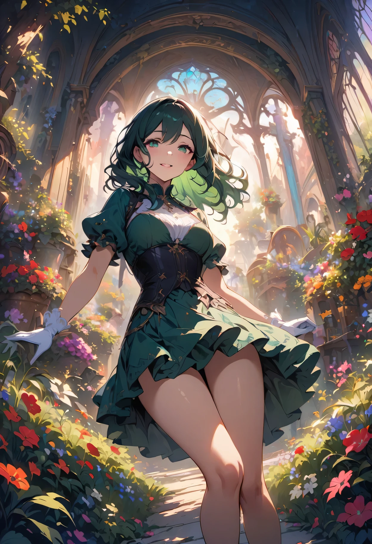 (Extremely detailed CG Unity 8K wallpaper, masterpiece, best quality), (Exquisite light and shadow, Very dramatic picture, movie lens effects), (beautiful girl: 1.4), Exquisite facial features, charming smile, starry eyes, ((dark green hair)), Tight tops, White gloves, mini skirt, dynamic poses, lying in the garden), (A garden full of flowers in the background) (Excellent details, Excellent lighting, wide angle), (Excellent rendering, enough to be proud of its kind),