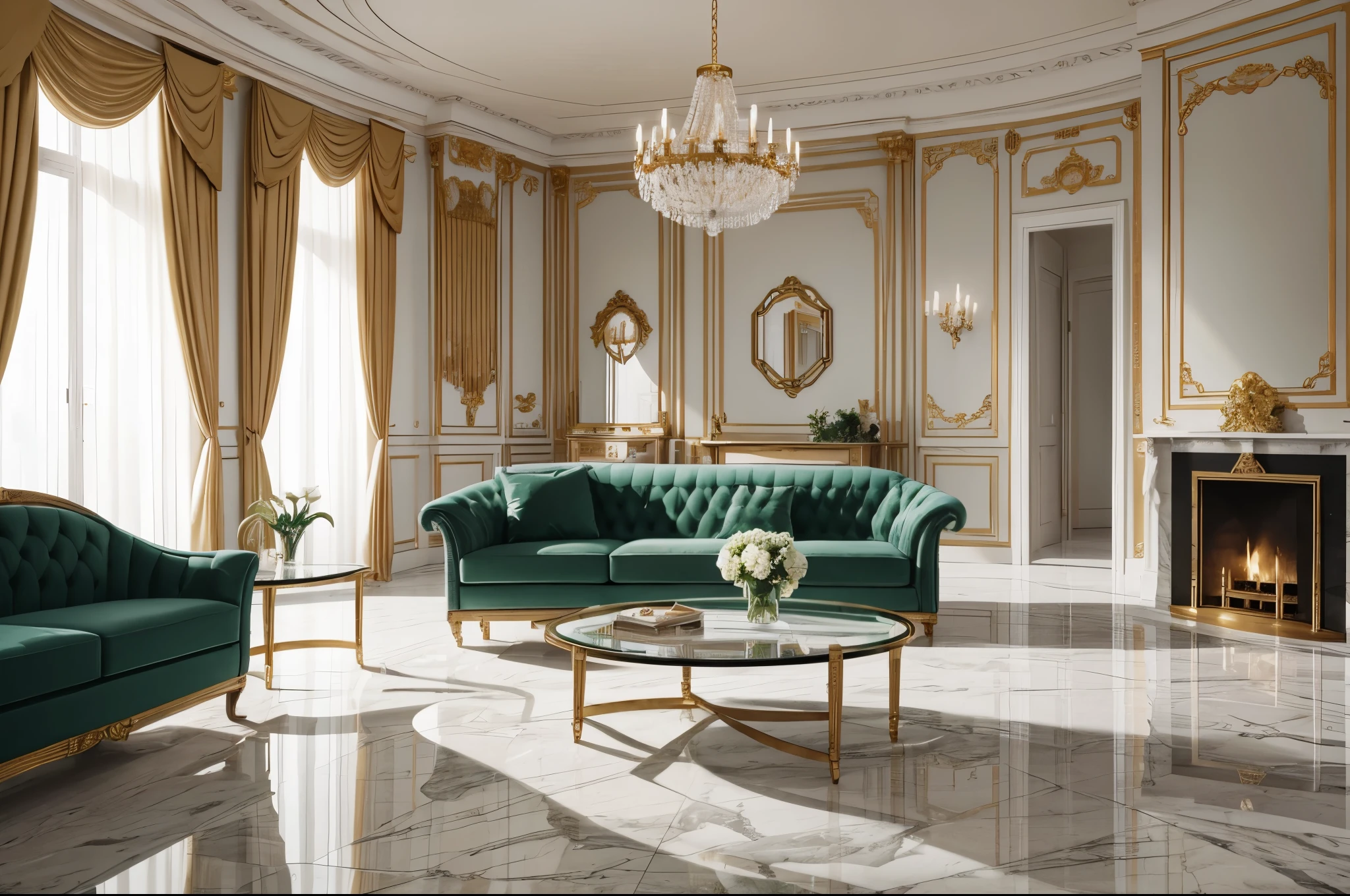 A luxurious living room with beauty sofas, a white marble floor and a clear glass coffee table with green plants, photorealistic, inspiring, ultra realistic.