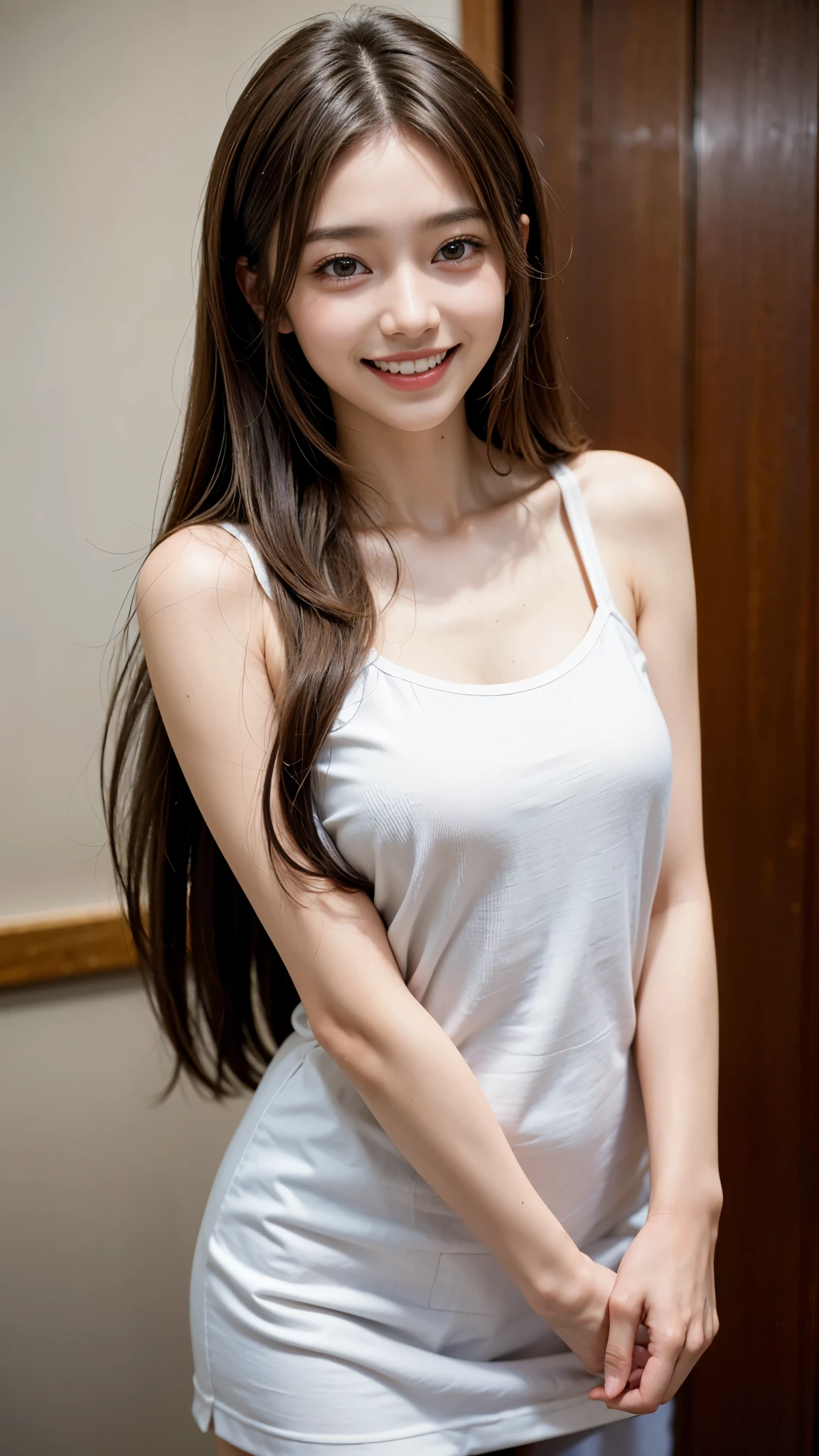 高いest quality, masterpiece, ultra 高い resolution, (realistic:1.4), 20-year-old,1 girl,Super 高い quality,8K,thinウエスト,thin脚,thin and beautiful arms,beautiful fingers,sale eye makeup,thin,Medium chest,soft chest,mini skirt,brown long hair,thinジャケット,realistic,picture media chest)),((toothy smile)),((big smile))