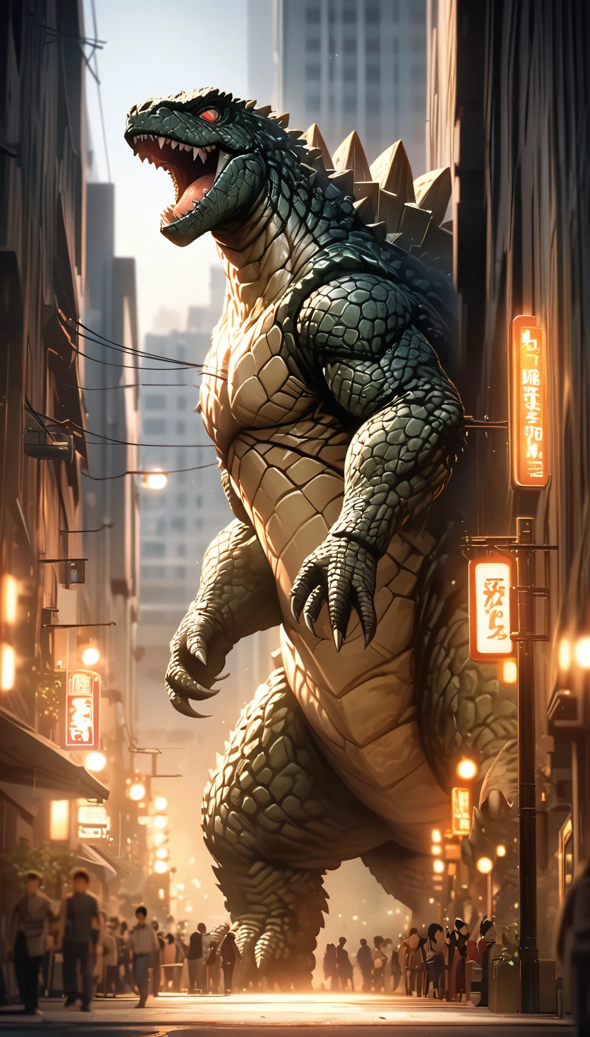 Godzilla is taller than a skyscraper，cute，cute，Warmth，Japanese manga artist Tsukasa Hojo&#39;style，depth of field，White background，Overclocked renderer，movie lighting，Ultra-fine，super detailed，CG art