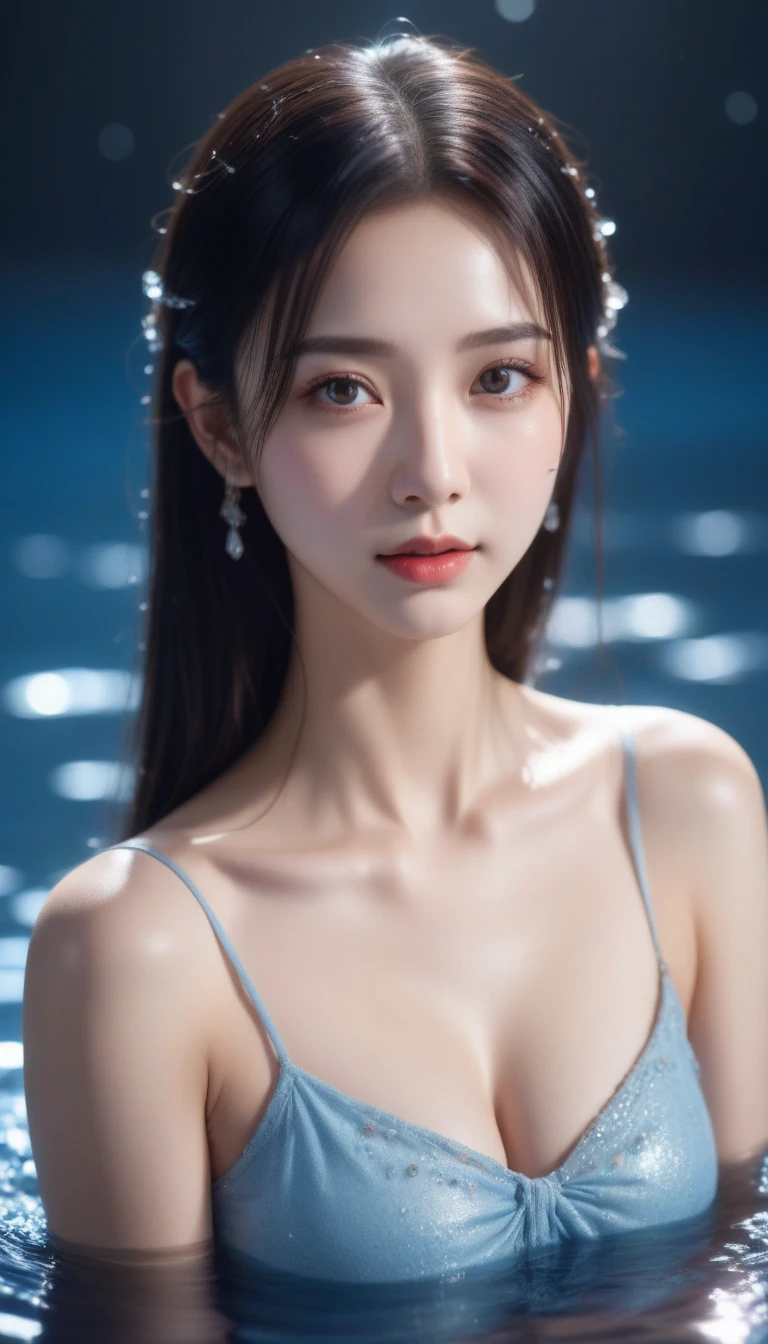 watery eyes，Love pupils，[shy]，long hair，masterpiece，best picture quality，ultra high resolution，higher quality，beautiful girl，woman，heart shaped hair accessories，8K resolution，hot girl，student，Contact lenses，blush，spaghetti straps，dusk，oasis（（Waterfall figure in the water）），Magic Ring，Volumetric light，Cinematic lighting，Natural light，雪月法Cute少女Bare shoulders，solo，The crystal clear water splash is perfectly reflected，The eyebrows have a pattern，beautiful black eyes，floating water splash，Black water droplets，Beautiful glow，best quality，illustration，masterpiece，The best production，best quality，Highly detailed，Extremely detailed CG，illumination，cute，Tyndall effect，Burning with water spray wrapped in water，Bare shoulders，depth of field，black water，超级Cute，shining，absolutely beautiful，Exquisite facial features，Cute，Black water particle effects，dream，floating black glowing particles，Burning hair，necklace（（masterpiece）），（(Highest quality))，Exquisite CG，blue-violet tone，甜美cute微笑的beautiful girl