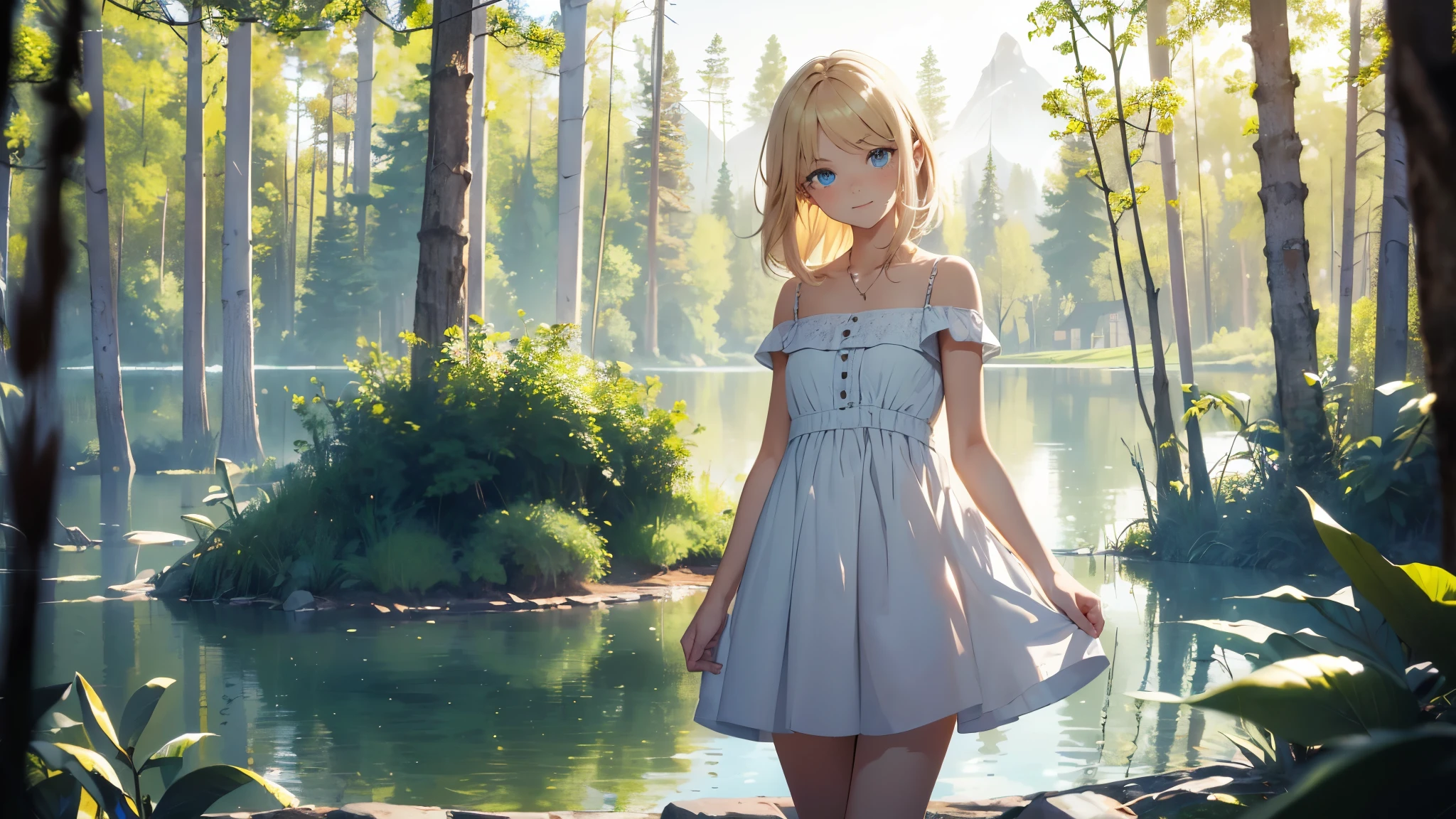 ((masterpiece,best quality,ultra detailed,ultra high res, artificial lake, forest in the distance)), soft realistic focus, Perfect Eyes, dynamic shadows, realistic image, vibrant colors,light leaks,dreamy atmosphere,chiaroscuro,BREAK 
experimental charm, The girl is depicted in full growth, girl , thin and tall, you see the girl from head to toe, nostalgic appeal, country girlfriend, she take you with yourself, simple open short dress, soft mischievous smile, freckles, blonde hair, slightly leaning forward, flashback of memories, blonde, holding your hand

