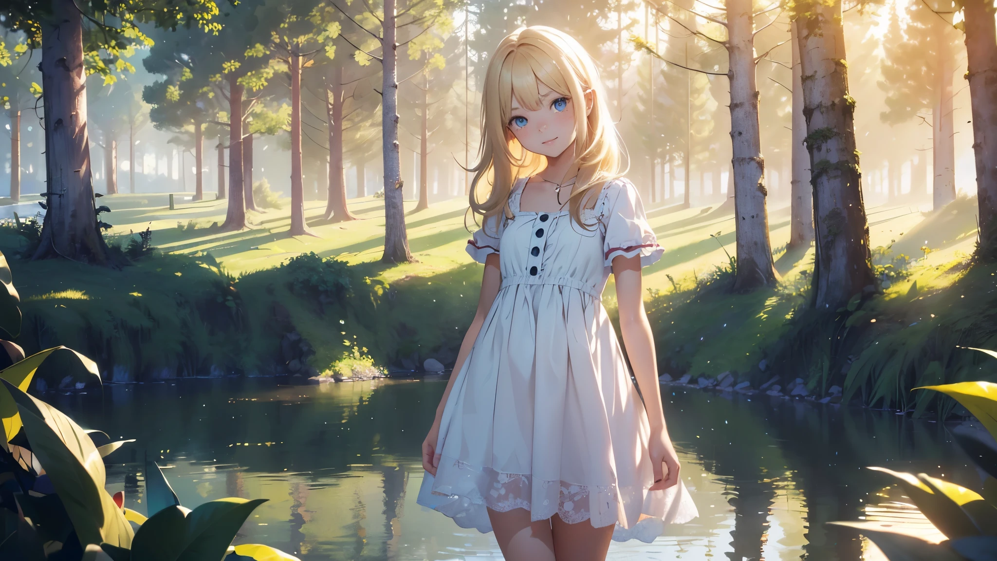 ((masterpiece,best quality,ultra detailed,ultra high res, artificial lake, forest in the distance)), soft realistic focus, Perfect Eyes, dynamic shadows, realistic image, vibrant colors,light leaks,dreamy atmosphere,chiaroscuro,BREAK 
experimental charm, The girl is depicted in full growth, girl , thin and tall, you see the girl from head to toe, nostalgic appeal, country girlfriend, she take you with yourself, simple open short dress, soft mischievous smile, freckles, blonde hair, slightly leaning forward, flashback of memories, blonde, holding your hand

