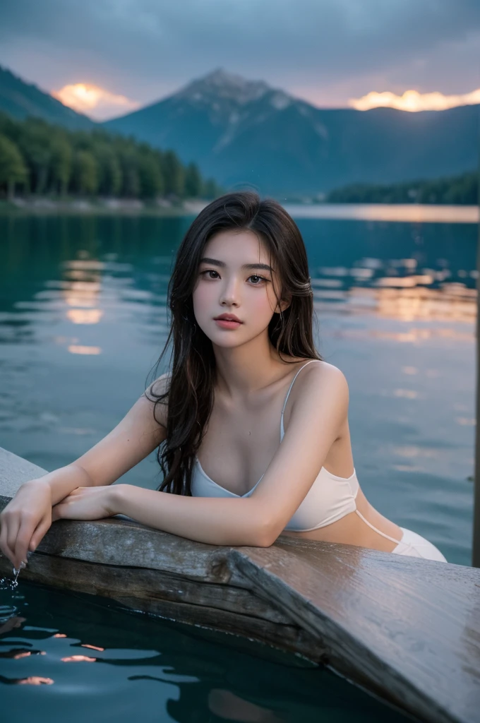 (high quality:1.2, 8k, cinematic lighting, incredible details, 20-year-old girl, 1 girl, lake, swimming in the lake, gazing at the sky, not looking at the camera, lounging on the lake, rain, raindrops, nature)