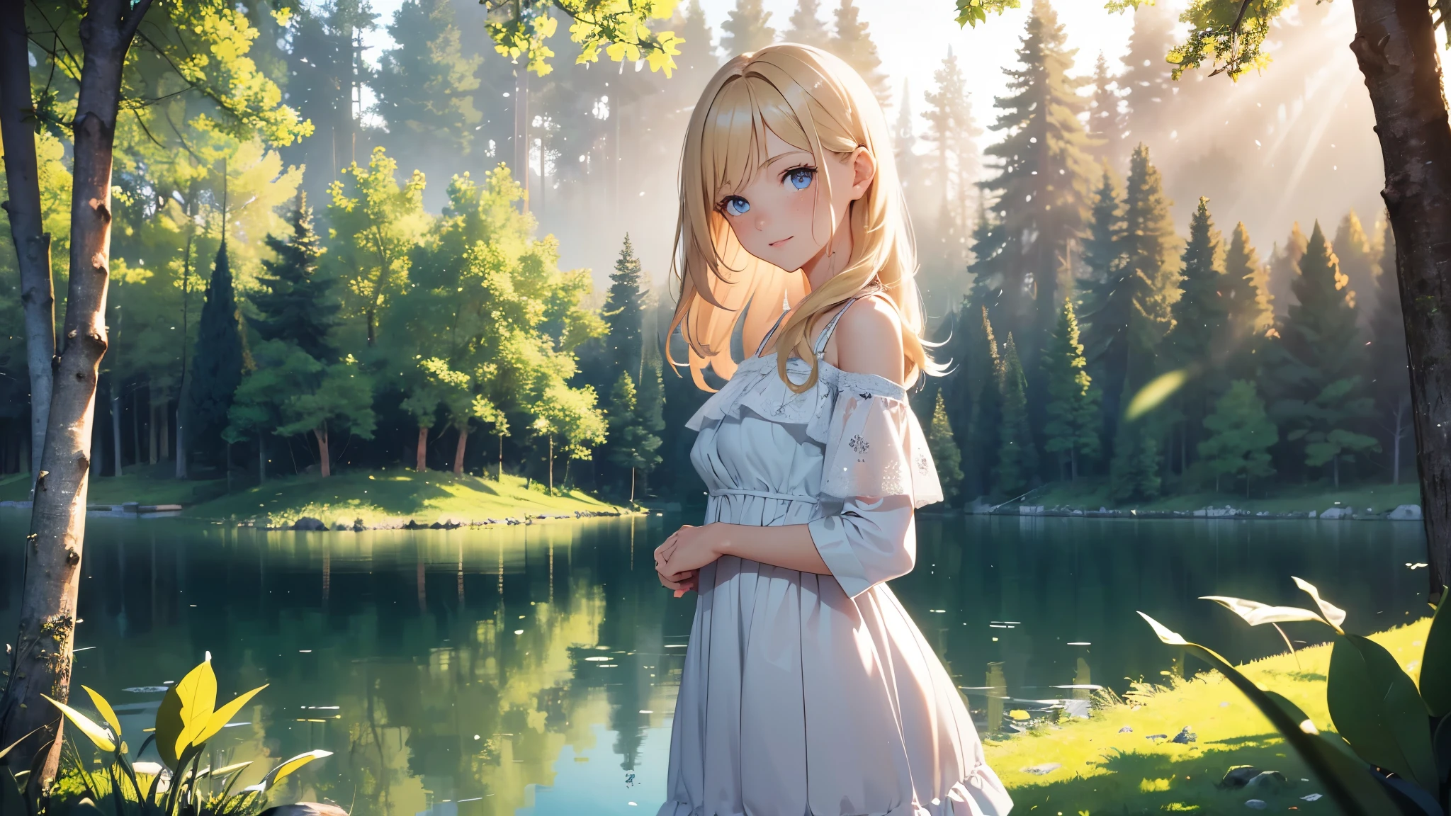((masterpiece,best quality,ultra detailed,ultra high res, artificial lake, forest in the distance)), soft realistic focus, Perfect Eyes, dynamic shadows, realistic image, vibrant colors,light leaks,dreamy atmosphere,chiaroscuro,BREAK 
experimental charm, The girl is depicted in full growth, girl 10 years old, thin and tall, you see the girl from head to toe, nostalgic appeal, country girlfriend, she take you with yourself, simple open short dress, soft mischievous smile, freckles, blonde hair, slightly leaning forward, flashback of memories, blonde, holding your hand

