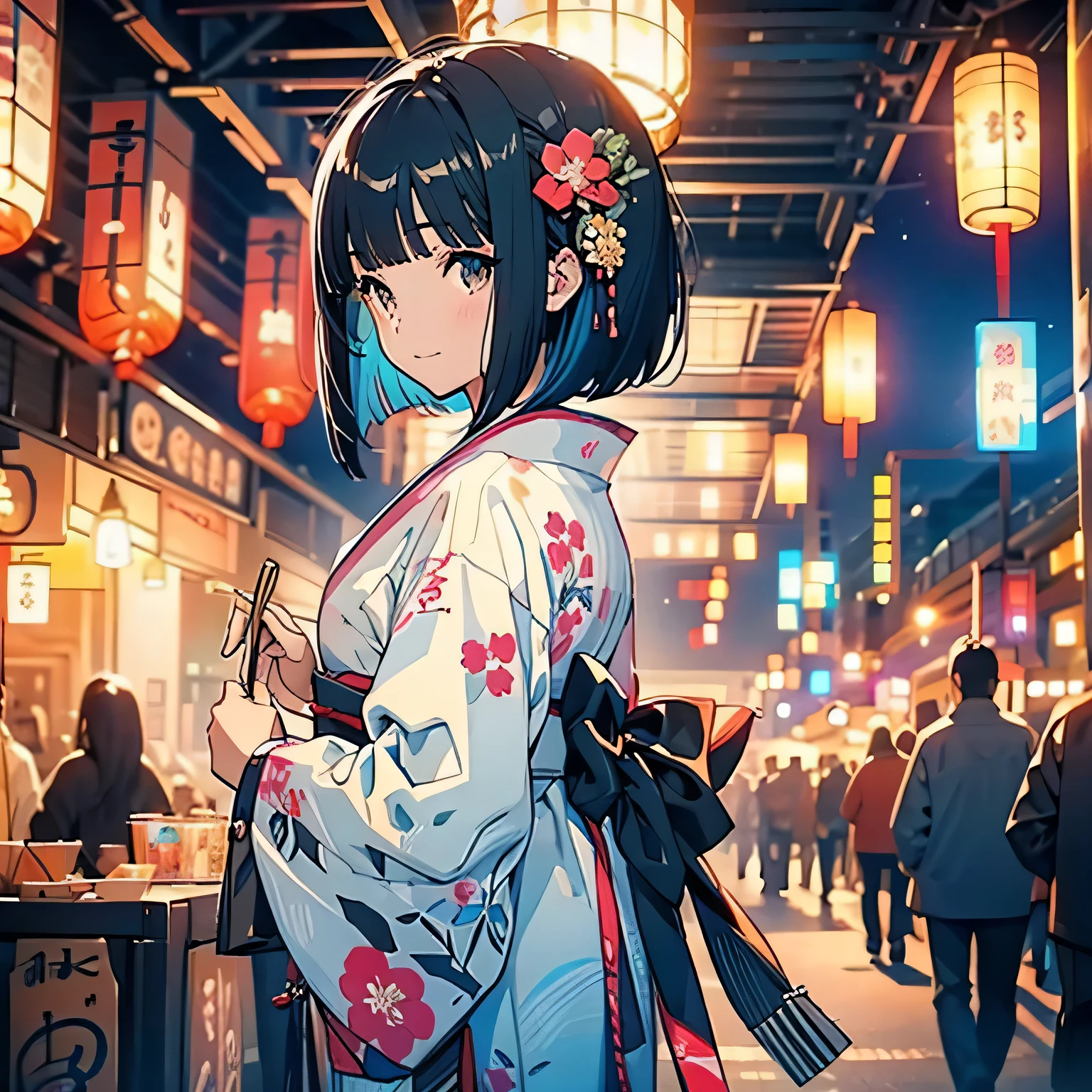 ((1girl,cute,japanese,young,short beautiful black hair,bob cut,blunt bangs,beautiful black eyes)),(solo),(japanese beautiful floral kimono,yukata),((masterpiece, highest resolution,best quality)), (beautiful illustration), (looking at the viewer), innocent smile,beautiful japanese festival,fireworks,flowers,stall、stall,crowded,night,