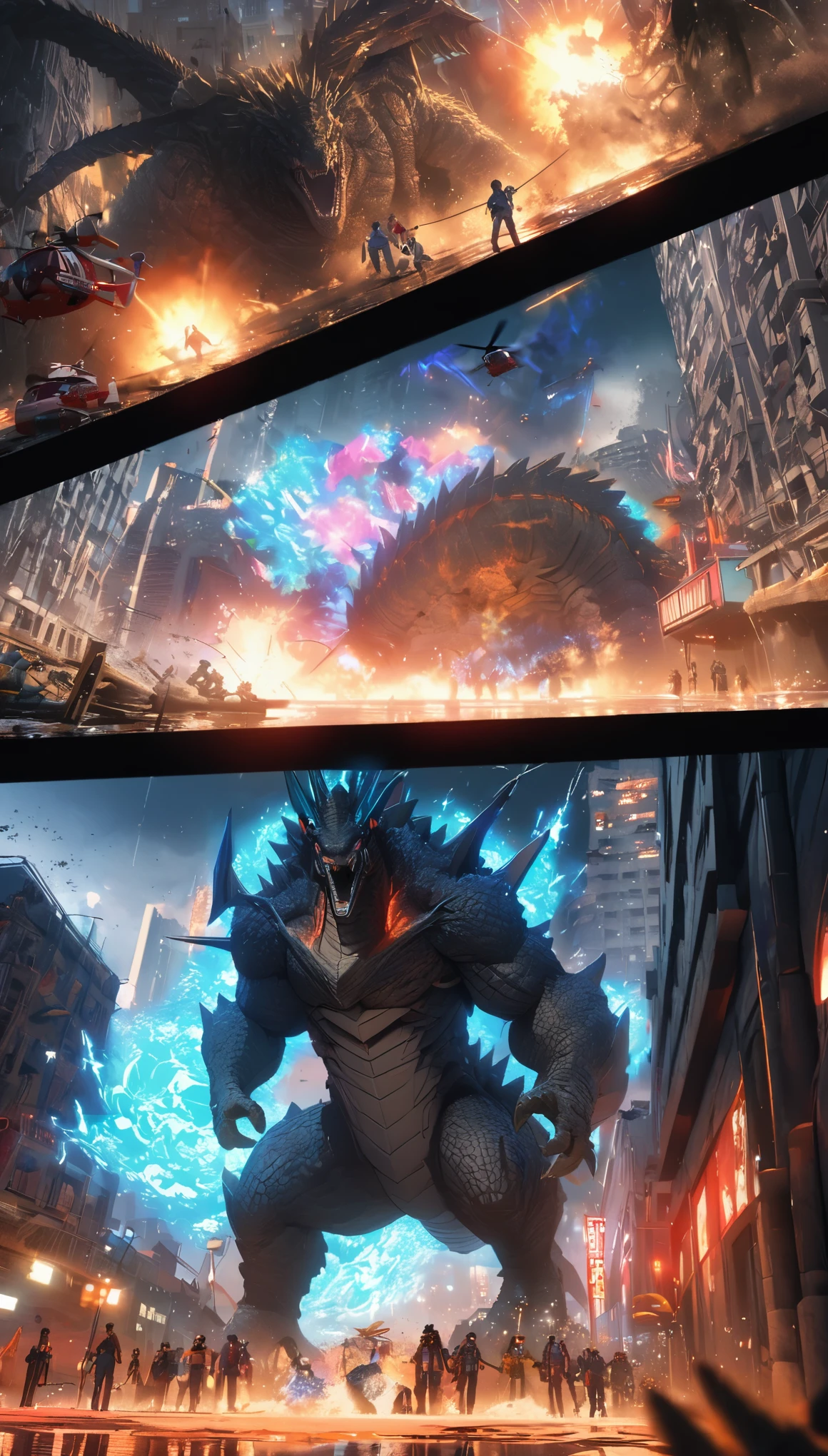 Rich details，Angry super giant Godzilla in the city looking down at the city below，The dorsal fin is filled with blue energy，glow effect，Huge waves hit the city，Another monster Ghidorah arrives，explode，Red light soars into the sky，Broken and collapsed building，standing water，stone，exposed steel bars，electric spark，Aerial viewing angle，colorful，Rescue helicopters，depth of field，OC renderer，Movie lighting，Super fine，comics