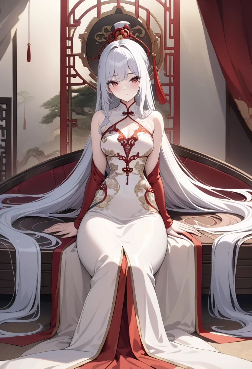 unparalleled masterpiece, ultra realistic 8k CG, perfect artwork, ((perfect female figure)), white hair, red eyes, mature female, milf, narrow waist, chinese deity, looking at viewer, seductive posture, sexy pose, alluring, clean, beautiful face, pure face, pale skin, absurdly long hair, shiny skin, skindentation,delicate pattern, intricate detail, (rich:1.4), (extremely detailed 8K chinese long embroidery silkrobe and silk long clothes and dress:1.2),slim body