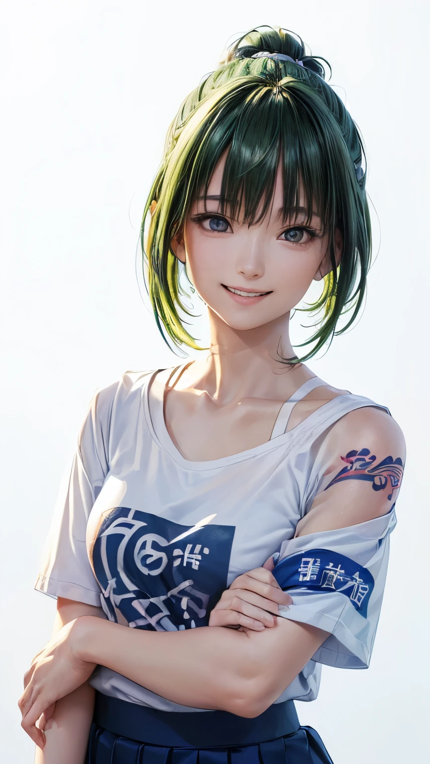 (highest quality、8K、32k、masterpiece)、(realistic)、(Photoreal:1.2)、(High resolution)、Super detailed、very beautiful face and eyes、1 girl、round and small face、thin waist、delicate body、(close、highest quality、high detail、Rich skin details)、(highest quality、8K、oil paint:1.2)、Super detailed、(realistic、realistic:1.37)、bright colors、(((i have green hair)))、(((bust shot)))、(((side tail hair)))、(((smile)))、(((pure white wall background)))、(((pure white wall background)))、(((Has a happy expression)))、(((Teeth are visible)))、(((smileです)))、(((Wearing a navy blue T-shirt)))、(((It is a navy blue T-shirt with English letters on the chest.)))、(((T-shirt with English printed on it)))、(((look straight ahead)))、(((the skirt is short)))、、(((I'm crossing my arms in front of my chest)))、(((You can see the kanji tattoo on the chest)))、(((I have a tattoo)))、(((happy look)))、(((There is English written on the clothes.)))、(((I have a tattoo on my arm)))