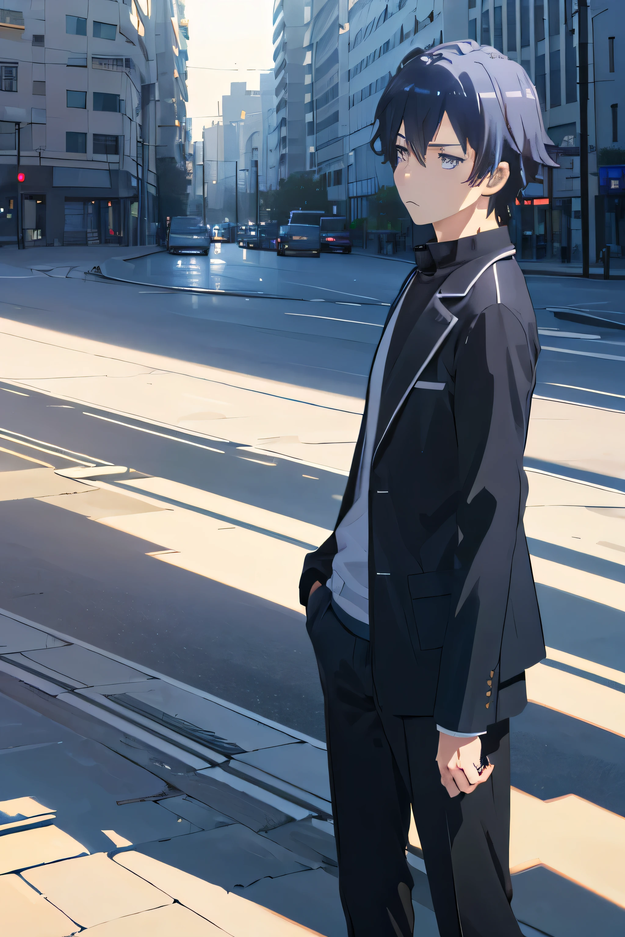 (best quality,4k,8k,highres,masterpiece:1.2),ultra-detailed,(realistic,photorealistic,photo-realistic:1.37),portrait,anime,slice of life genra web novel cover,teenage boy,,cinematic shoot,Hachiman Hikigaya,vivid colors,soft lighting,detailed character expression,city background,notebook holding,hands in pockets,cool and detached expression,natural sunlight,subtle shadowing,introspective gaze,gritty texture,elegant pose,subtle depth of field,thoughtful atmosphere,expressive eyes,wind-blown hair,subdued color palette,modern setting,reflective surface,mysterious mood,conflict and introspection,loneliness and introspection,focused and thoughtful expression