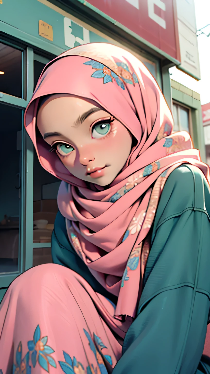 Sit on a vintage van, parked in front of a light cyan-colored building, where the frames of the windows are adorned with a soft, light slow pink color. The scene exudes a pastel poster mood, capturing the essence of the tranquil environment. In the foreground, a stunningly beautiful woman donning a hijab with intricate floral minimalist patterns sits. Her face exhibits hyper-realistic human skin tones, radiating natural beauty. The medium shot is a spontaneous, unplanned capture, revealing her light make-up, hazel eyes with big, expressive lenses, and her serene yet dramatic expression. She wears a light pink hijab wrapped