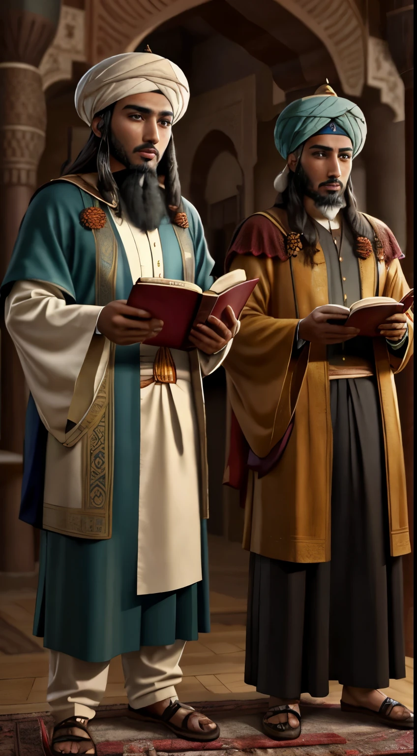 Moroccan young Arab scholars in simple clothes with black turbans writing ancient scrolls and reading books in a Moroccan riad hyper realistic faces correct proportions super detailed clothes