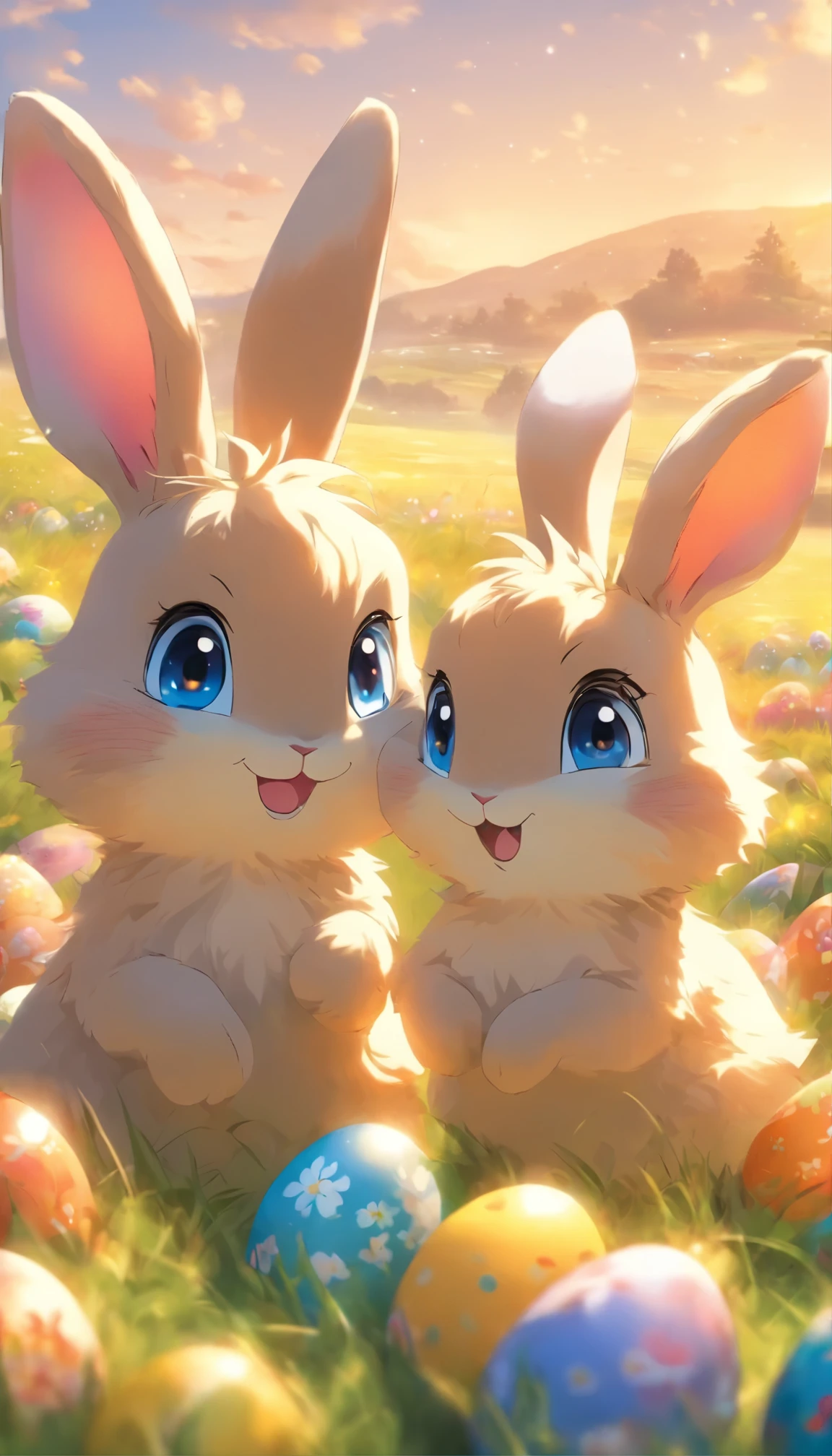 best quality:1.2,masterpiece:1.2,real:1.2,close-up photo, two easter bunnies, big blue eyes, very cute, next to each other, outside, meadow, sunrise, colorful easter eggs