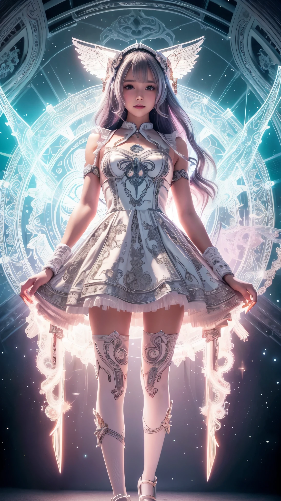 Cyborg, Girl, Beautiful girl, Cute, Sexy, Strong, Slender, Delicate, Smile, (Lolita costume), High legs, Metallic, ultra color, paisley, Headgear, mandalas, Near future, Heaven, angel, feater, wing, Helix lamp