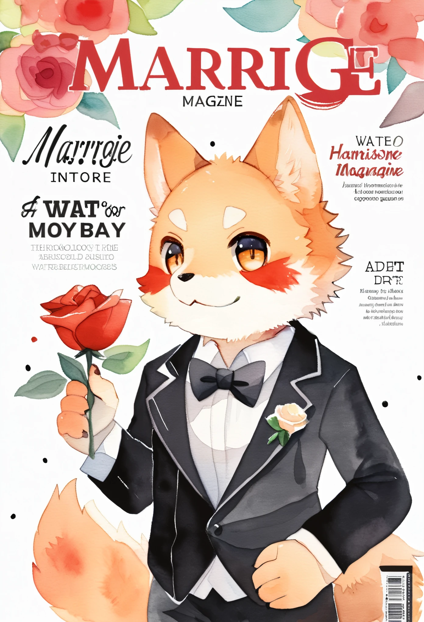 cover page, marriage information magazine, Watercolor elements, 1boy, kemono, furry, detailed body fur, animal face, animal hand, Handsome boy in tuxedo holding a red rose and looking at viewer,