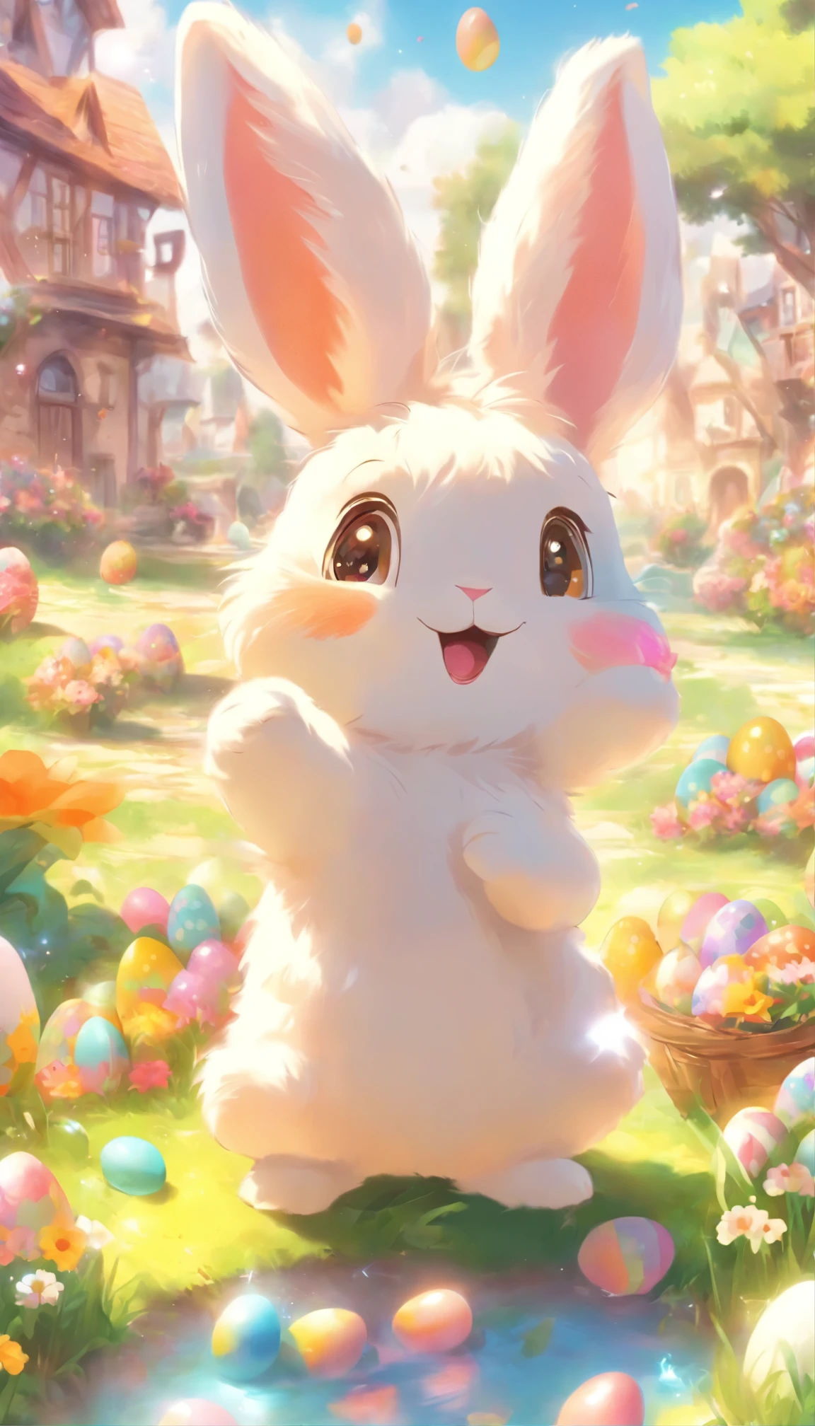 a cute and cheerful rabbit, on a meadow, lazing around, easter nest with 4 colorful easter eggs, illustration,fluffy fur, big blue eyes,playful expression,soft lighting,bright colors,highres,photorealistic