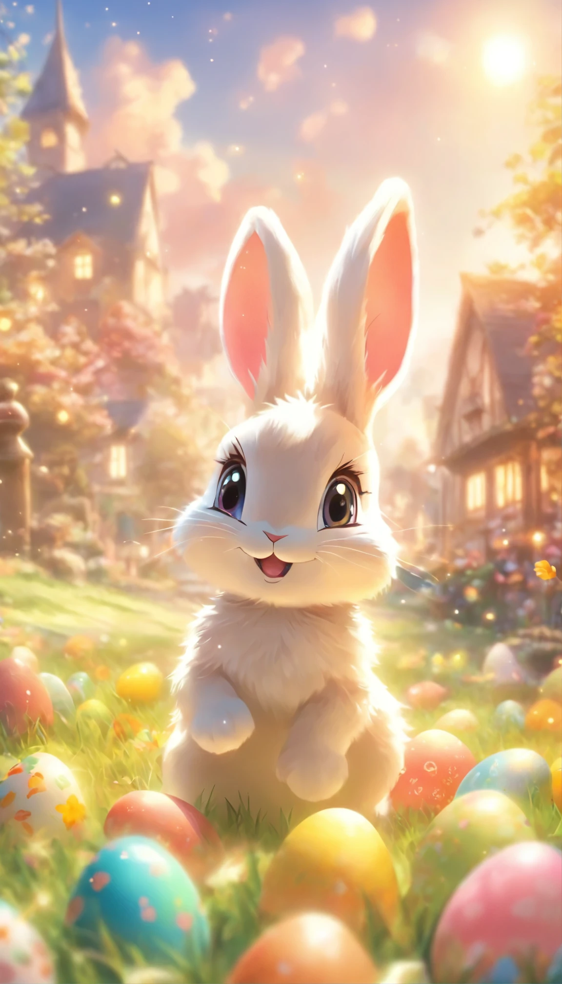 a cute and cheerful rabbit, on a meadow, lazing around, easter nest with 4 colorful easter eggs, illustration,fluffy fur, big blue eyes,playful expression,soft lighting,bright colors,highres,photorealistic