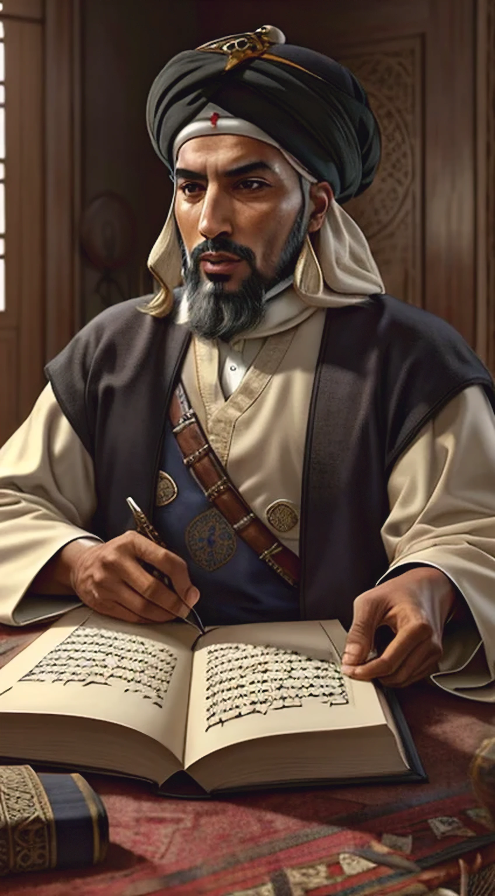 Moroccan fashionable scholar Arabs in simple clothes with black turbans writing ancient scrolls and reading books in a Moroccan riad hyper realistic faces correct proportions super detailed clothing