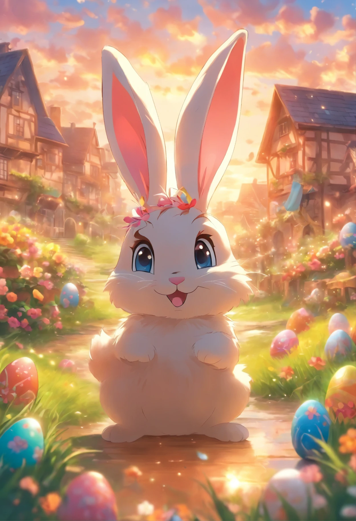 A cute Easter bunny, Wiese, 4 bunte Ostereier, mit runden blauen Augen, Gartenbrunnen, Sonnenaufgang, Houses in the distance, Spiegeleffekt