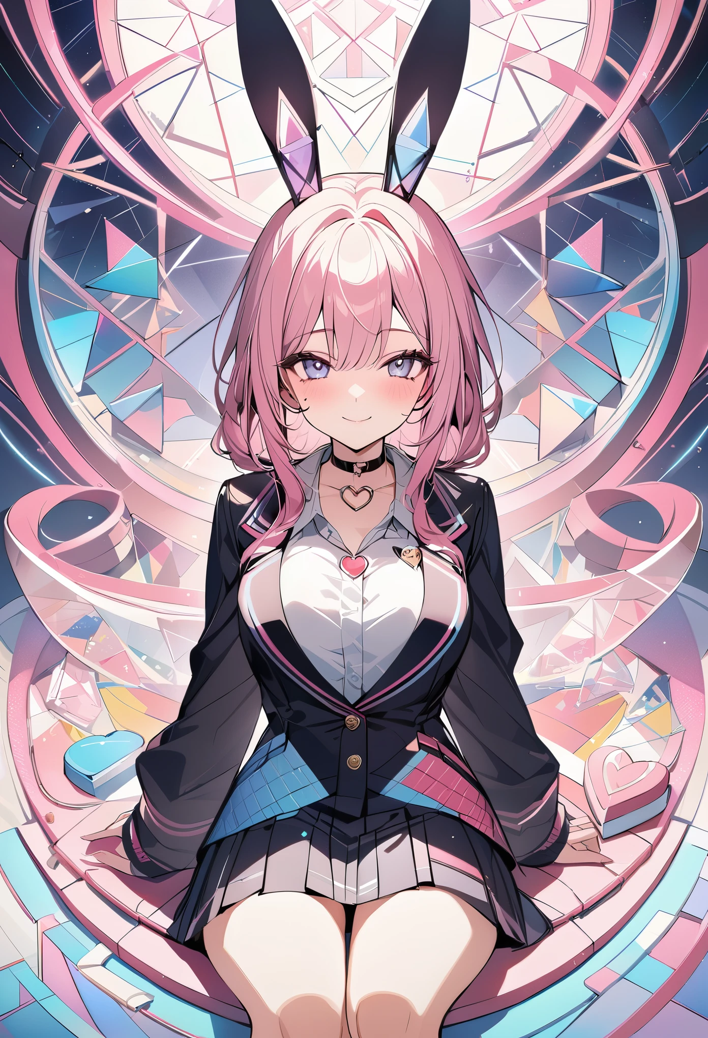 ,beautiful flower々),mole under eye, heart shaped choker, (masterpiece, highest quality), official art, beautiful and aesthetic: 1.2), (1 girl), very detailed, (geometry art: 1.3), colorful、pink bob hair、rabbit ears、 whole body、smile、university uniform
