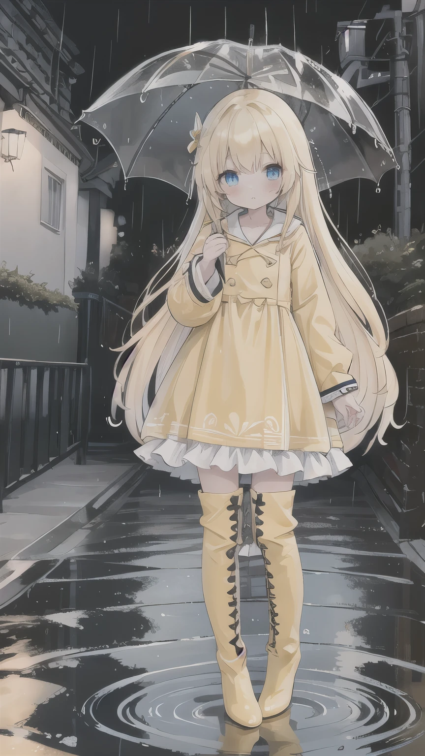 long yellow hair， girl，loli，blue eyes，rain，street scene，raincoat，Rain boots，holding an umbrella in her hand，