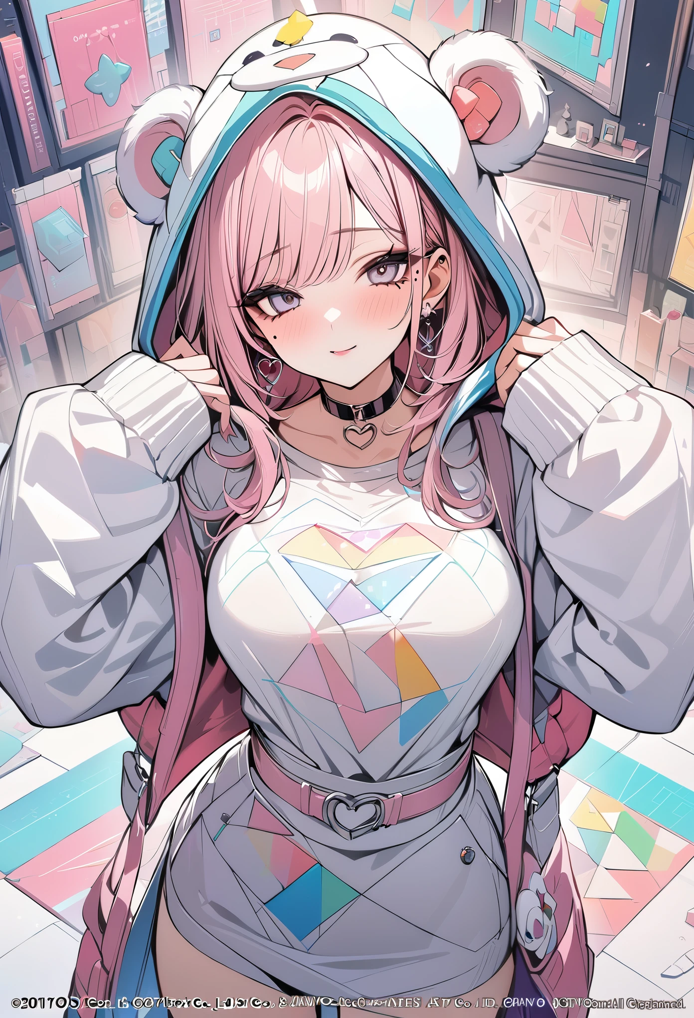 ,beautiful flower々),mole under eye, heart shaped choker, (masterpiece, highest quality), official art, beautiful and aesthetic: 1.2), (1 girl), very detailed, (geometry art: 1.3), colorful、pink bob hair、monkey hood shirt、mini skirt