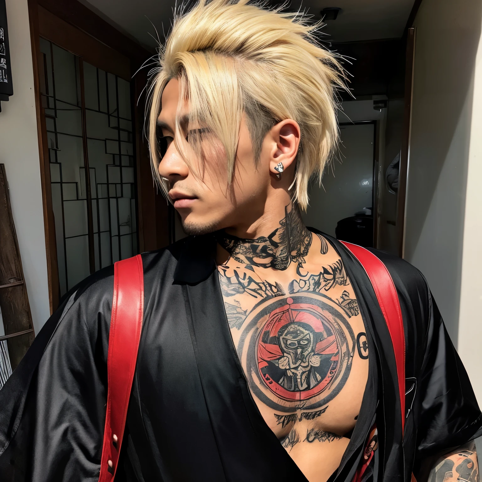 1 man, Japanese man, male, Asian eyes, muscular, broad shoulders, yakuza tattoos, hairstyle Visual Kei style, hair Visual Kei, black men's shirt and black pants, ultra detailed face, hyperrealistic, realistic representation, long hair, long hair, 30 years old, age 30 years, blond, blonde hair